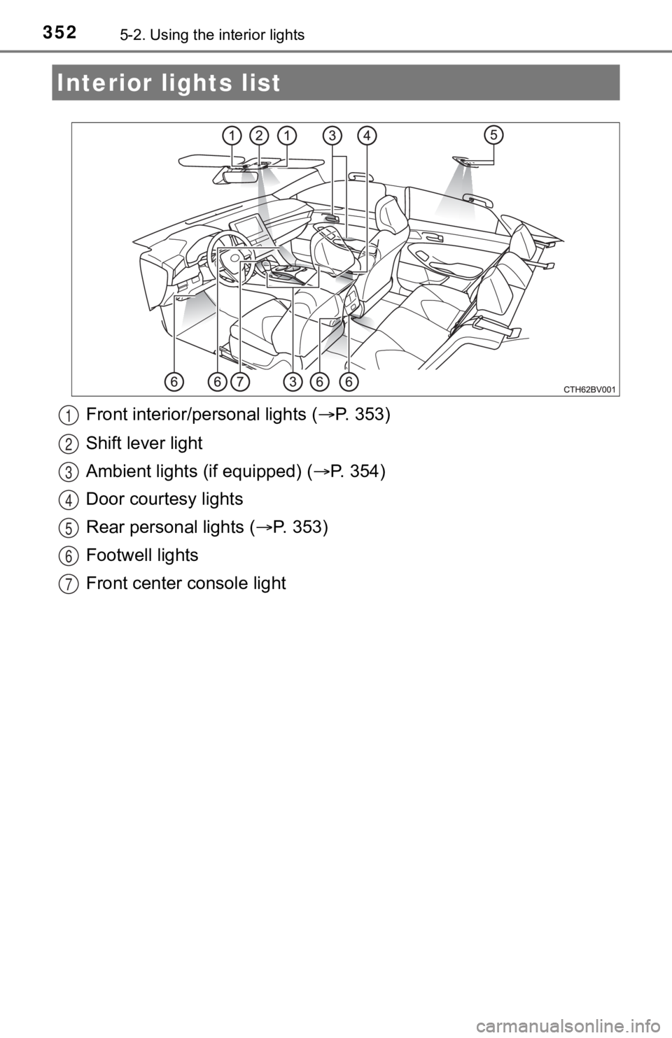 TOYOTA AVALON 2022  Owners Manual 3525-2. Using the interior lights
Front interior/personal lights ( P. 353)
Shift lever light
Ambient lights (if equipped) ( P.   3 5 4 )
Door courtesy lights
Rear personal lights ( P.   3 5 3