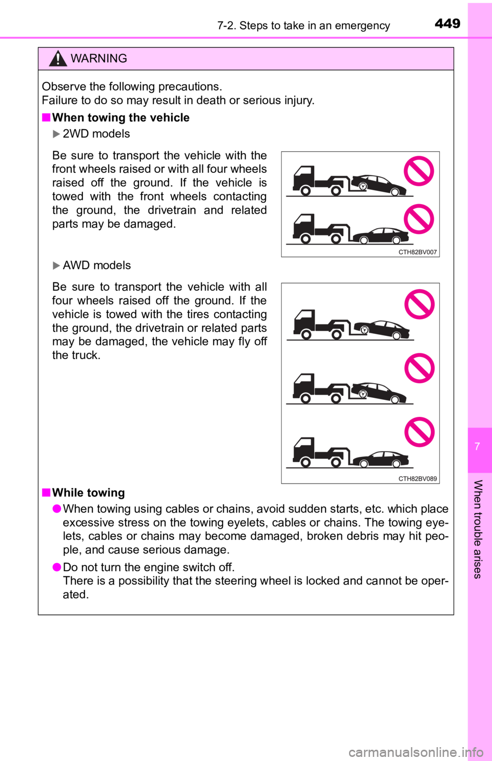 TOYOTA AVALON 2022  Owners Manual 4497-2. Steps to take in an emergency
7
When trouble arises
WARNING
Observe the following precautions.
Failure to do so may result in death or serious injury.
■When towing the vehicle
2WD models
