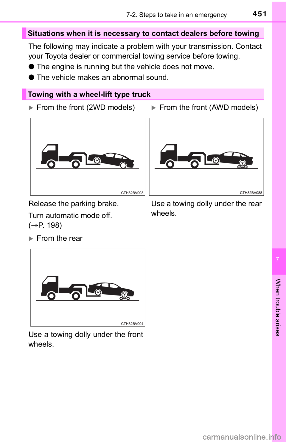 TOYOTA AVALON 2022  Owners Manual 4517-2. Steps to take in an emergency
7
When trouble arises
The following may indicate a problem with your transmission. Contact
your Toyota dealer or commercial  towing service before towing.
● The