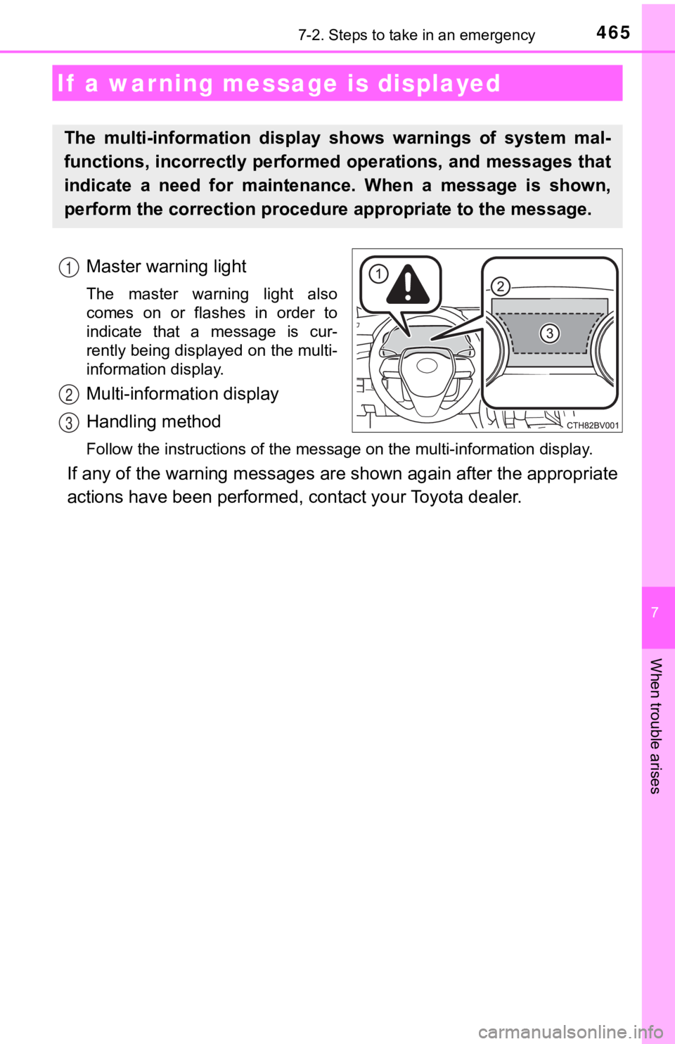 TOYOTA AVALON 2022 Owners Manual 4657-2. Steps to take in an emergency
7
When trouble arises
Master warning light
The master warning light also
comes on or flashes in order to
indicate that a message is cur-
rently bei TOYOTA AVALON 2022 Owners Manual 4657-2. Steps to take in an emergency
7
When trouble arises
Master warning light
The master warning light also
comes on or flashes in order to
indicate that a message is cur-
rently bei