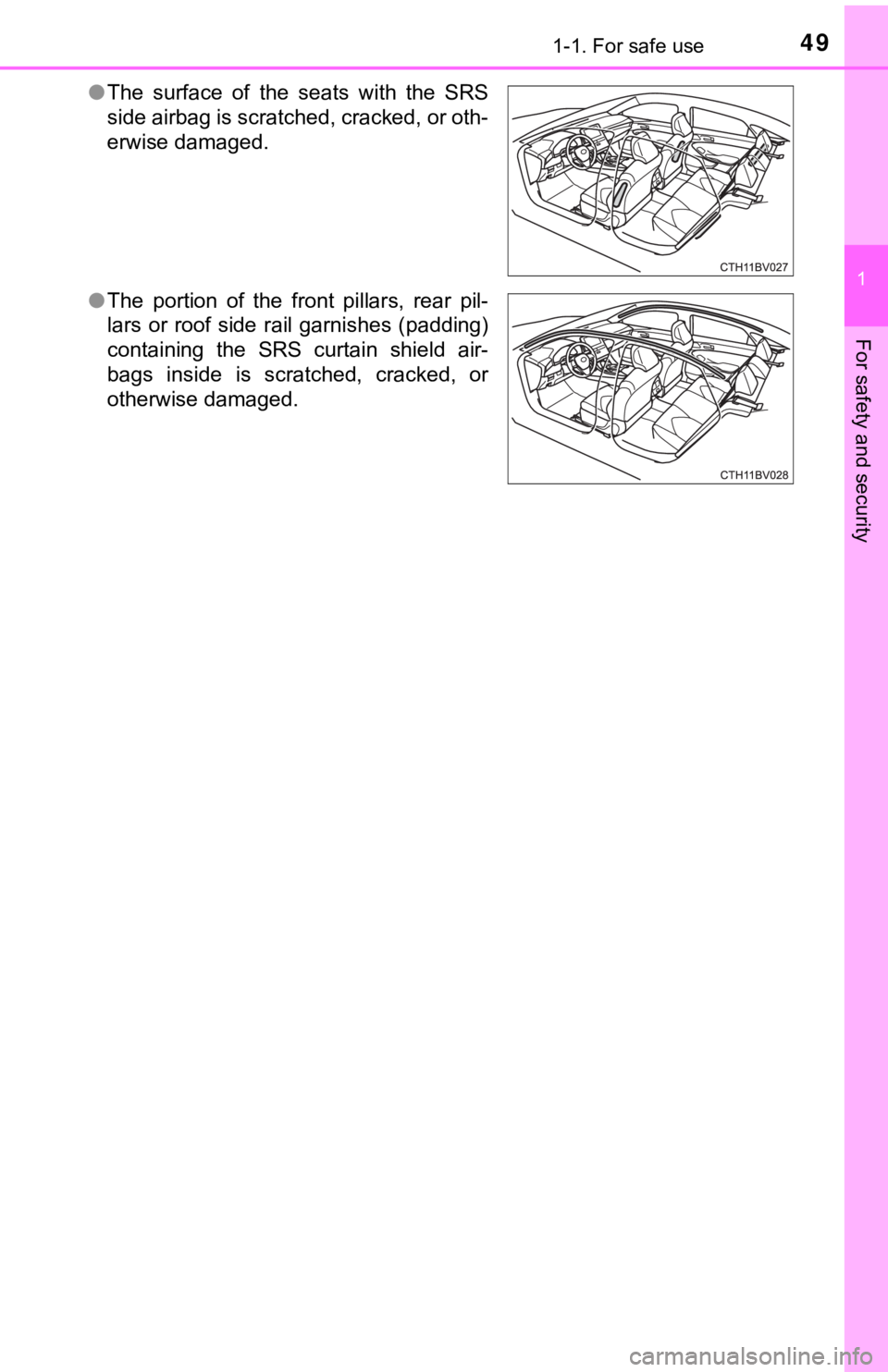 TOYOTA AVALON 2022 Service Manual 491-1. For safe use
1
For safety and security
●The surface of the seats with the SRS
side airbag is scratched, cracked, or oth-
erwise damaged.
● The portion of the front pillars, rea TOYOTA AVALON 2022 Service Manual 491-1. For safe use
1
For safety and security
●The surface of the seats with the SRS
side airbag is scratched, cracked, or oth-
erwise damaged.
● The portion of the front pillars, rea