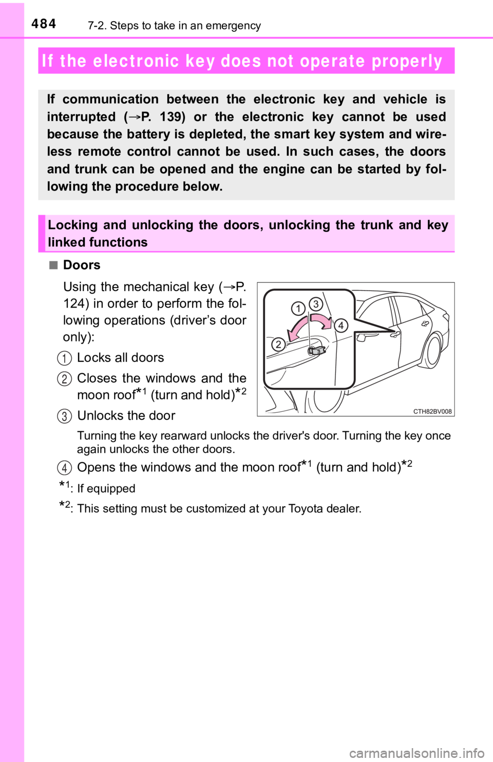 TOYOTA AVALON 2022 Owners Manual 4847-2. Steps to take in an emergency
■Doors
Using the mechanical key (P.
124) in order to perform the fol-
lowing operations (driver’s door
only):
Locks all doors
Closes the windows an TOYOTA AVALON 2022 Owners Manual 4847-2. Steps to take in an emergency
■Doors
Using the mechanical key (P.
124) in order to perform the fol-
lowing operations (driver’s door
only):
Locks all doors
Closes the windows an