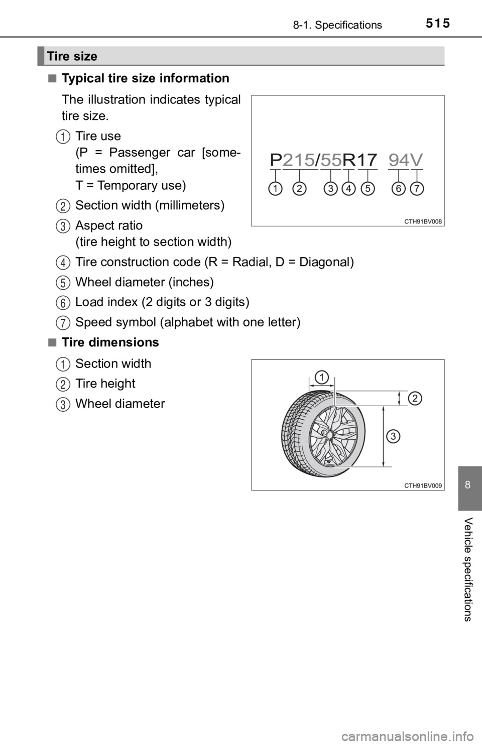 TOYOTA AVALON 2022  Owners Manual 5158-1. Specifications
8
Vehicle specifications
■Typical tire size information
The  illustration  indicates  typical
tire size.
Tire use 
(P = Passenger car [some-
times omitted], 
T = Temporary use