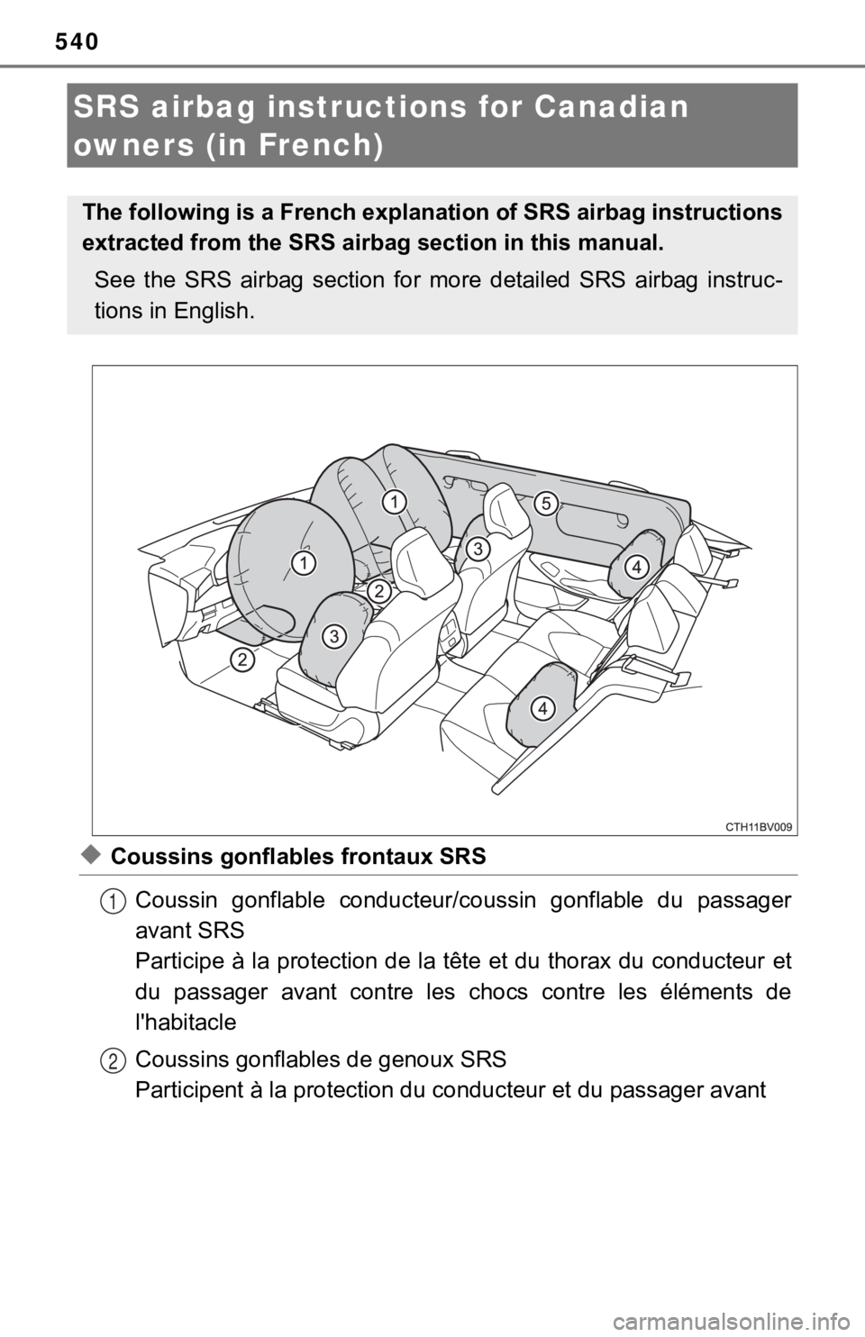 TOYOTA AVALON 2022  Owners Manual 540
◆Coussins gonflables frontaux SRSCoussin  gonflable  conducteur/c oussin  gonflable  du  passager
avant SRS
Participe à la protection de la tête et du thorax du conducteur  et
du  passager  av