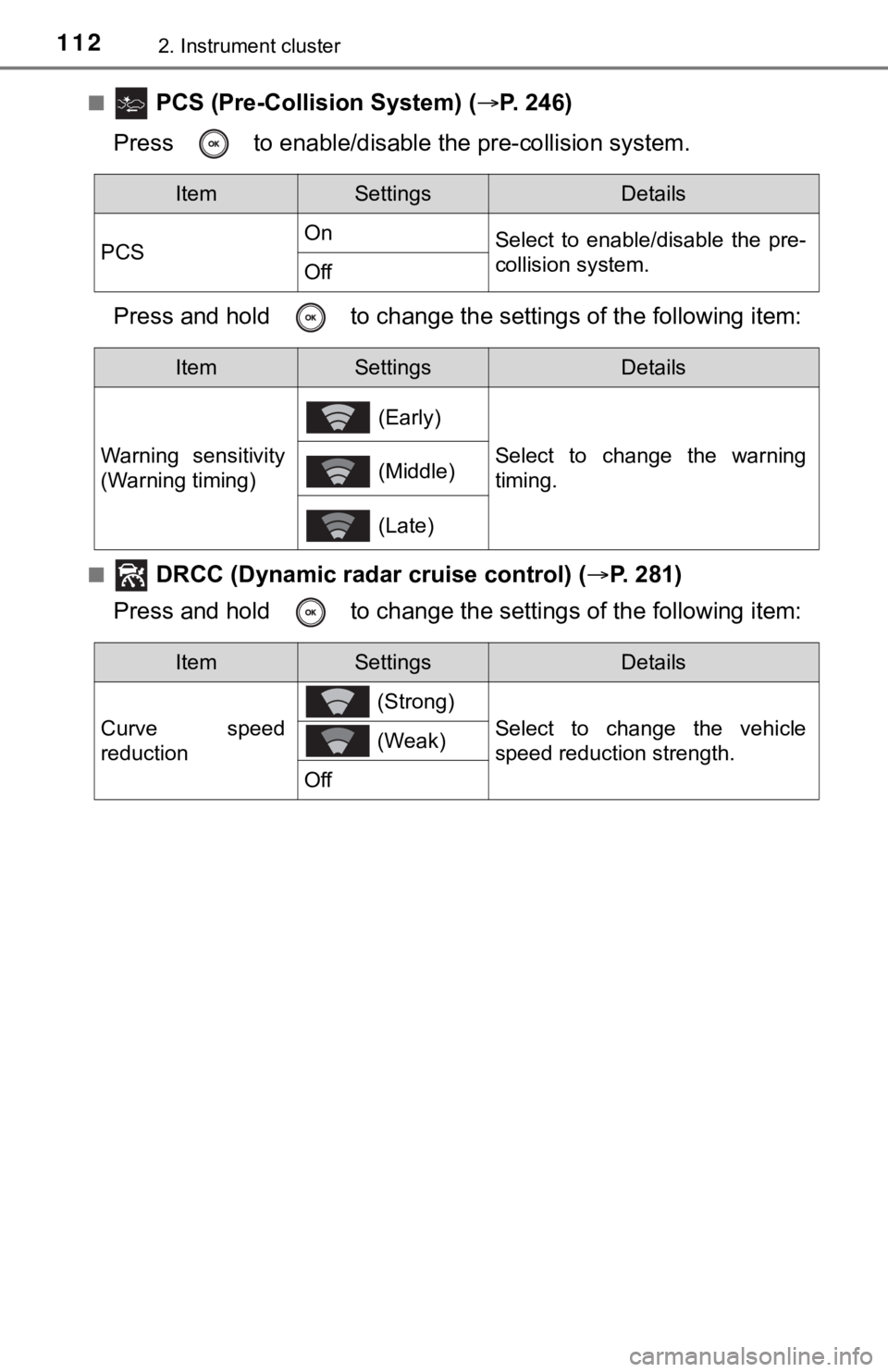 TOYOTA AVALON HYBRID 2022 Owners Manual 1122. Instrument cluster
■ PCS (Pre-Collision System) (P. 246)
Press to enable/disable the pre-collision system.
Press and hold to c hange the settings of the following item:
■ DRCC (Dynam TOYOTA AVALON HYBRID 2022 Owners Manual 1122. Instrument cluster
■ PCS (Pre-Collision System) (P. 246)
Press to enable/disable the pre-collision system.
Press and hold to c hange the settings of the following item:
■ DRCC (Dynam