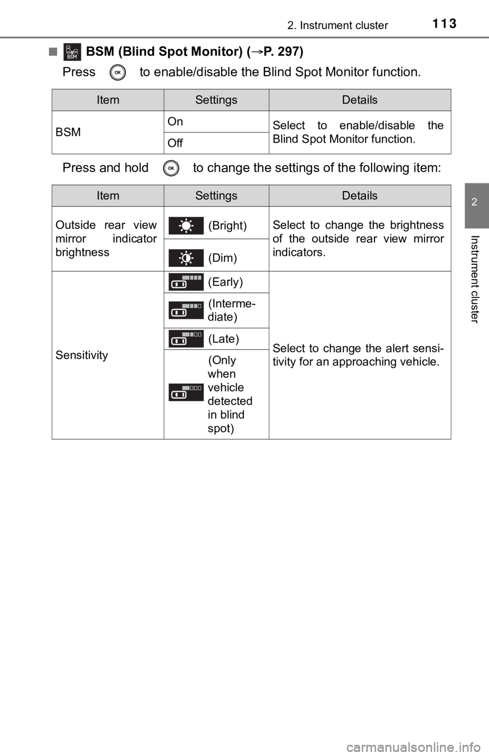 TOYOTA AVALON HYBRID 2022 Owners Manual 1132. Instrument cluster
2
Instrument cluster
■ BSM (Blind Spot Monitor) (P. 297)
Press to enable/disable the Blind Spot Monitor function.
Press and hold to c hange the settings of the follo TOYOTA AVALON HYBRID 2022 Owners Manual 1132. Instrument cluster
2
Instrument cluster
■ BSM (Blind Spot Monitor) (P. 297)
Press to enable/disable the Blind Spot Monitor function.
Press and hold to c hange the settings of the follo
