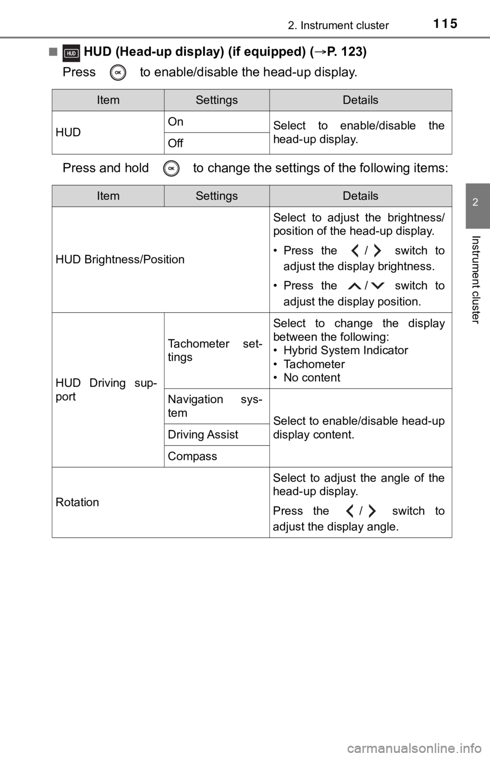TOYOTA AVALON HYBRID 2022 Owners Manual 1152. Instrument cluster
2
Instrument cluster
■ HUD (Head-up display) (if equipped) (P. 123)
Press to enable/disable the head-up display.
Press and hold to change the se ttings of the followi TOYOTA AVALON HYBRID 2022 Owners Manual 1152. Instrument cluster
2
Instrument cluster
■ HUD (Head-up display) (if equipped) (P. 123)
Press to enable/disable the head-up display.
Press and hold to change the se ttings of the followi
