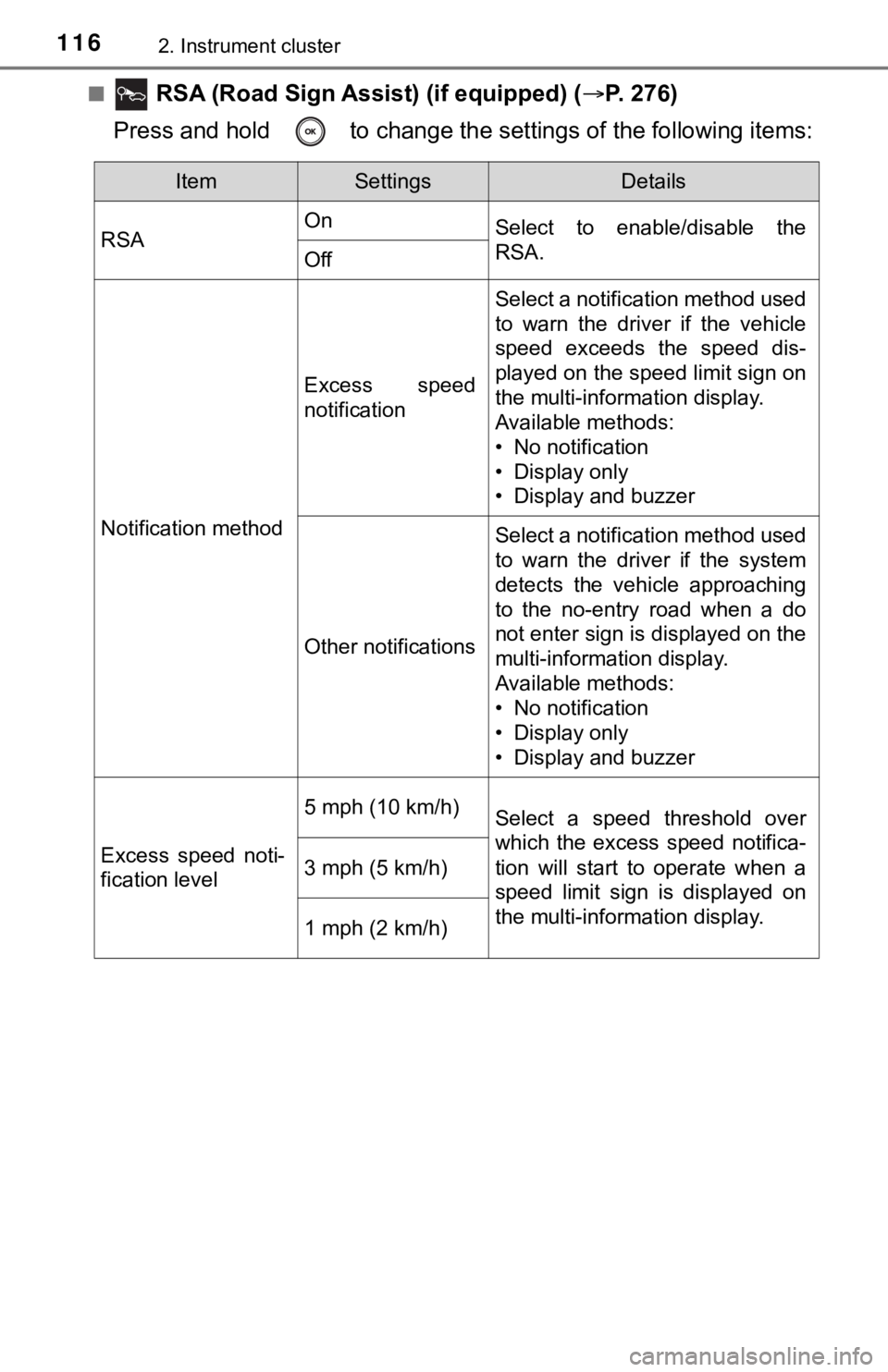 TOYOTA AVALON HYBRID 2022 Owners Manual 1162. Instrument cluster
■ RSA (Road Sign Assist) (if equipped) (P. 276)
Press and hold to change the se ttings of the following items:
ItemSettingsDetails
RSA On
Select to enable/disable th TOYOTA AVALON HYBRID 2022 Owners Manual 1162. Instrument cluster
■ RSA (Road Sign Assist) (if equipped) (P. 276)
Press and hold to change the se ttings of the following items:
ItemSettingsDetails
RSA On
Select to enable/disable th