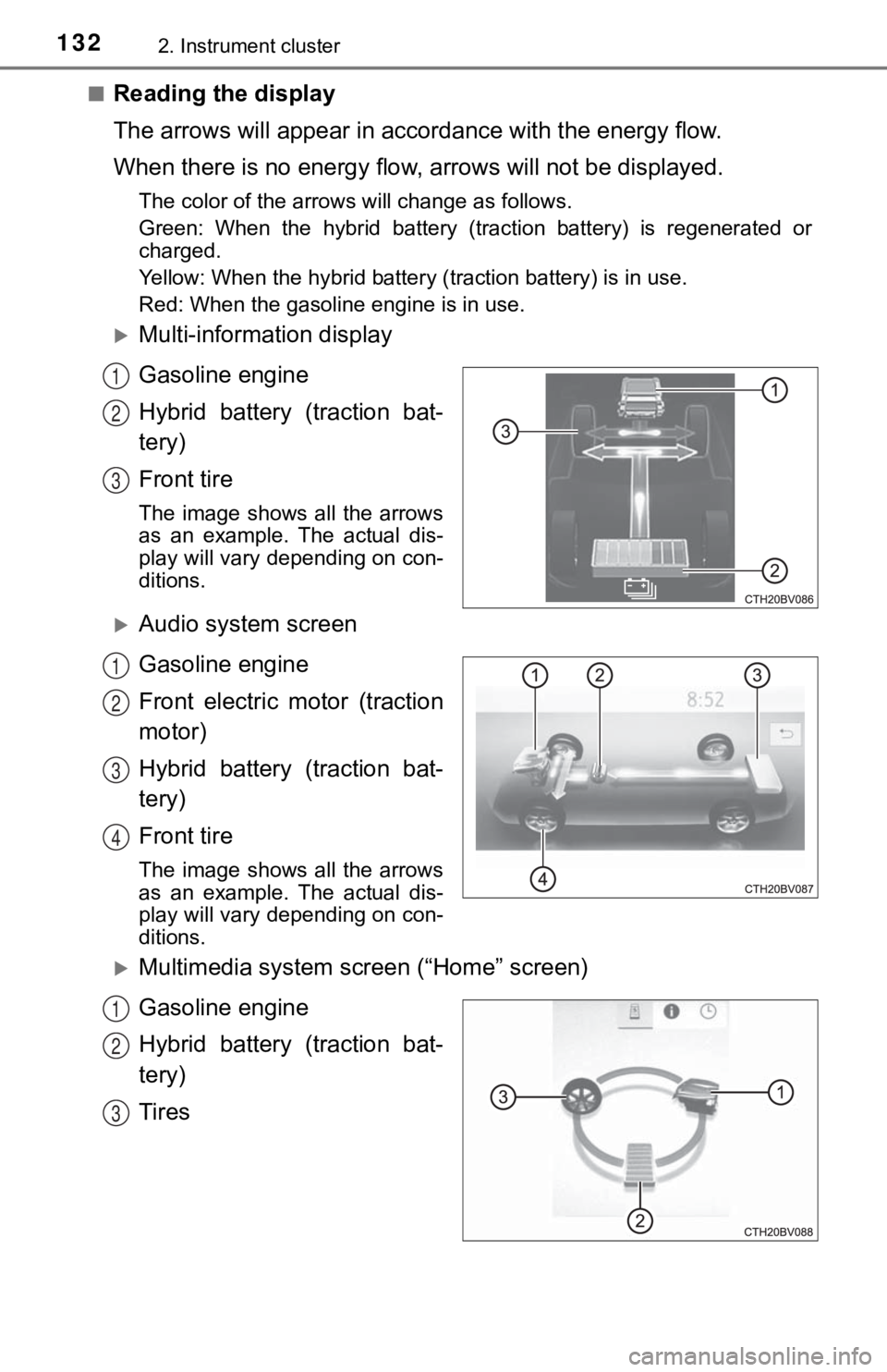 TOYOTA AVALON HYBRID 2022 Owners Manual 1322. Instrument cluster
■Reading the display
The arrows will appear in accordance with the energy flow.
When there is no energy flow, a rrows will not be displayed.
The color of the arrows will cha TOYOTA AVALON HYBRID 2022 Owners Manual 1322. Instrument cluster
■Reading the display
The arrows will appear in accordance with the energy flow.
When there is no energy flow, a rrows will not be displayed.
The color of the arrows will cha
