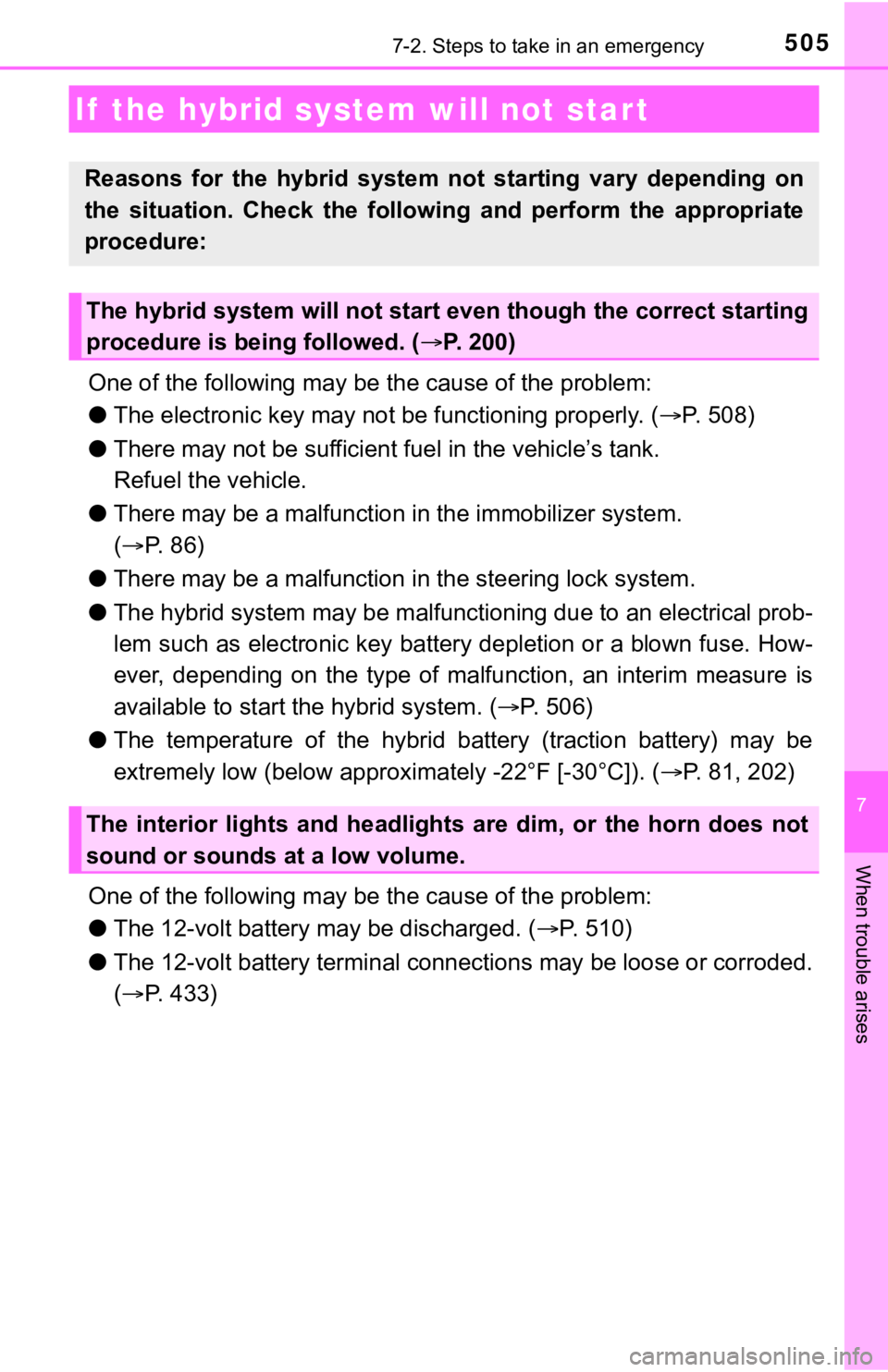 TOYOTA AVALON HYBRID 2022 Owners Manual 5057-2. Steps to take in an emergency
7
When trouble arises
One of the following may be the cause of the problem:
● The electronic key may not be functioning properly. (P. 508)
● There may not TOYOTA AVALON HYBRID 2022 Owners Manual 5057-2. Steps to take in an emergency
7
When trouble arises
One of the following may be the cause of the problem:
● The electronic key may not be functioning properly. (P. 508)
● There may not