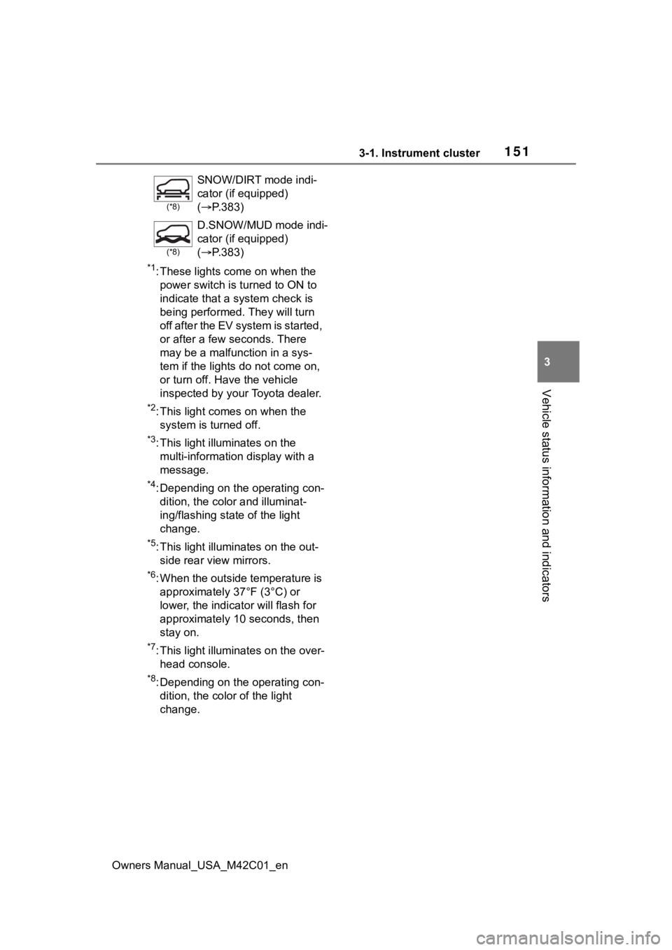 TOYOTA BZ4X 2023 Owners Manual 1513-1. Instrument cluster
Owners Manual_USA_M42C01_en
3
Vehicle status information and indicators
*1: These lights come on when the power switch is turned to ON to
indicate that a system check is
TOYOTA BZ4X 2023 Owners Manual 1513-1. Instrument cluster
Owners Manual_USA_M42C01_en
3
Vehicle status information and indicators
*1: These lights come on when the power switch is turned to ON to
indicate that a system check is