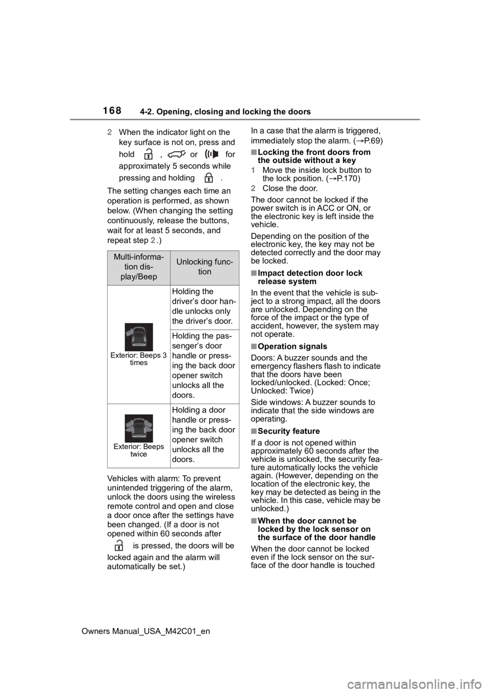TOYOTA BZ4X 2023 Owners Manual 1684-2. Opening, closing and locking the doors
Owners Manual_USA_M42C01_en2
When the indicator light on the
key surface is not on, press and
hold , or for
approximately 5 seconds while
pressing TOYOTA BZ4X 2023 Owners Manual 1684-2. Opening, closing and locking the doors
Owners Manual_USA_M42C01_en2
When the indicator light on the
key surface is not on, press and
hold , or for
approximately 5 seconds while
pressing