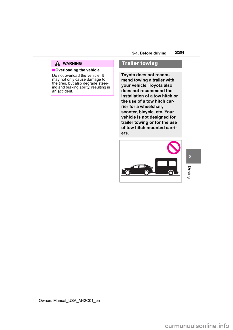 TOYOTA BZ4X 2023  Owners Manual 2295-1. Before driving
Owners Manual_USA_M42C01_en
5
Driving
WARNING
■Overloading the vehicle
Do not overload the vehicle. It 
may not only cause damage to 
the tires, but also degrade steer-
ing an