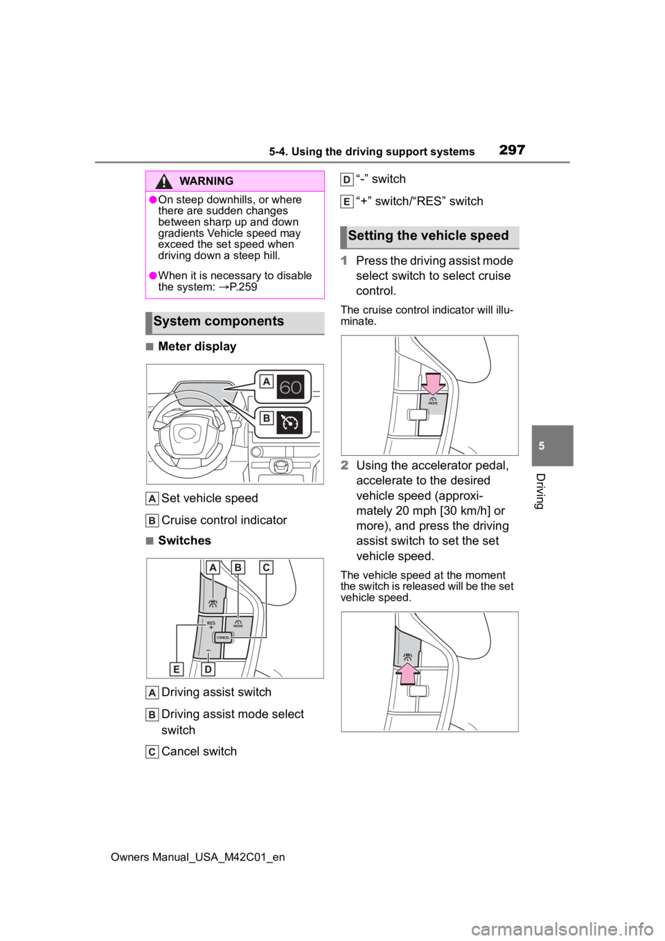 TOYOTA BZ4X 2023 Owners Manual 2975-4. Using the driving support systems
Owners Manual_USA_M42C01_en
5
Driving
■Meter display Set vehicle speed
Cruise control indicator
■SwitchesDriving assist switch
Driving assist mode select TOYOTA BZ4X 2023 Owners Manual 2975-4. Using the driving support systems
Owners Manual_USA_M42C01_en
5
Driving
■Meter display Set vehicle speed
Cruise control indicator
■SwitchesDriving assist switch
Driving assist mode select