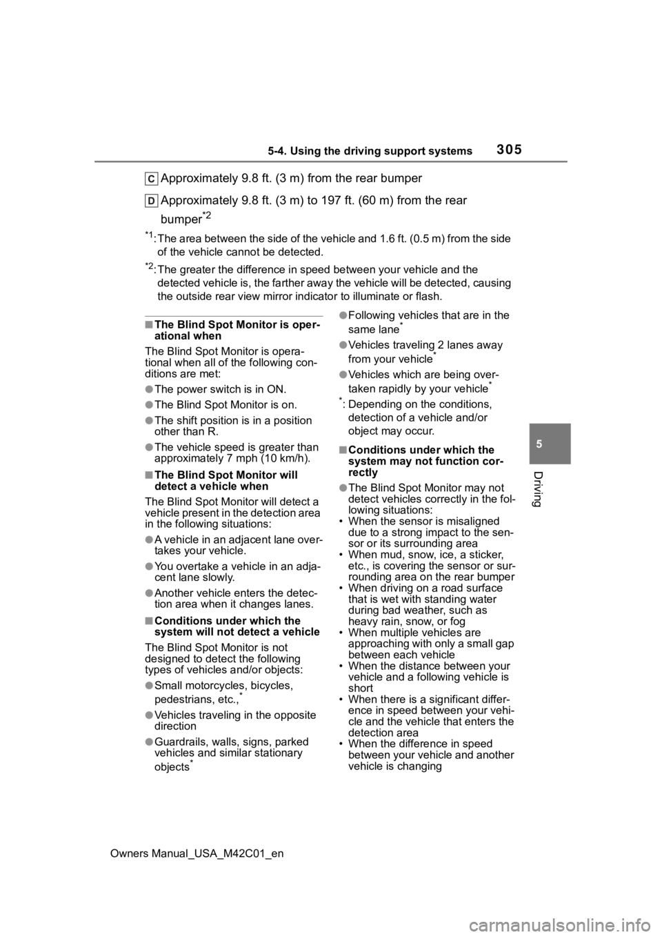TOYOTA BZ4X 2023 Owners Manual 3055-4. Using the driving support systems
Owners Manual_USA_M42C01_en
5
Driving
Approximately 9.8 ft. (3 m) from the rear bumper
Approximately 9.8 ft. (3 m) to 197 ft. (60 m) from the rear
bumper
*2
TOYOTA BZ4X 2023 Owners Manual 3055-4. Using the driving support systems
Owners Manual_USA_M42C01_en
5
Driving
Approximately 9.8 ft. (3 m) from the rear bumper
Approximately 9.8 ft. (3 m) to 197 ft. (60 m) from the rear
bumper
*2