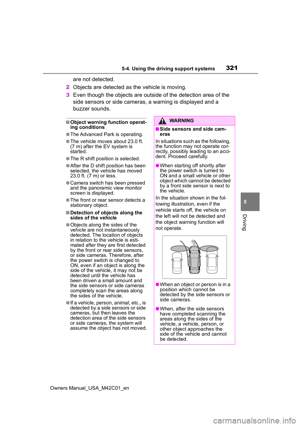 TOYOTA BZ4X 2023 Owners Manual 3215-4. Using the driving support systems
Owners Manual_USA_M42C01_en
5
Driving
are not detected.
2 Objects are detected as the vehicle is moving.
3 Even though the objects are out side of the detecti TOYOTA BZ4X 2023 Owners Manual 3215-4. Using the driving support systems
Owners Manual_USA_M42C01_en
5
Driving
are not detected.
2 Objects are detected as the vehicle is moving.
3 Even though the objects are out side of the detecti
