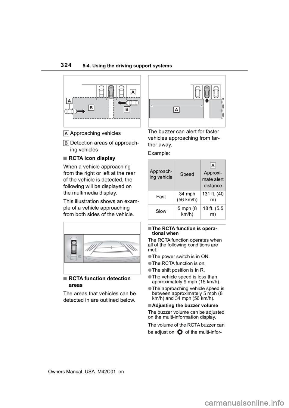 TOYOTA BZ4X 2023 Owners Manual 3245-4. Using the driving support systems
Owners Manual_USA_M42C01_en
Approaching vehicles
Detection areas of approach-
ing vehicles
■RCTA icon display
When a vehicle approaching
from the right or TOYOTA BZ4X 2023 Owners Manual 3245-4. Using the driving support systems
Owners Manual_USA_M42C01_en
Approaching vehicles
Detection areas of approach-
ing vehicles
■RCTA icon display
When a vehicle approaching
from the right or
