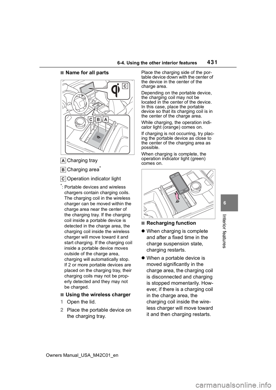 TOYOTA BZ4X 2023 Owners Manual 4316-4. Using the other interior features
Owners Manual_USA_M42C01_en
6
Interior features
■Name for all parts Charging tray
Charging area
*
Operation indicator light
*: Portable devices and wireless TOYOTA BZ4X 2023 Owners Manual 4316-4. Using the other interior features
Owners Manual_USA_M42C01_en
6
Interior features
■Name for all parts Charging tray
Charging area
*
Operation indicator light
*: Portable devices and wireless