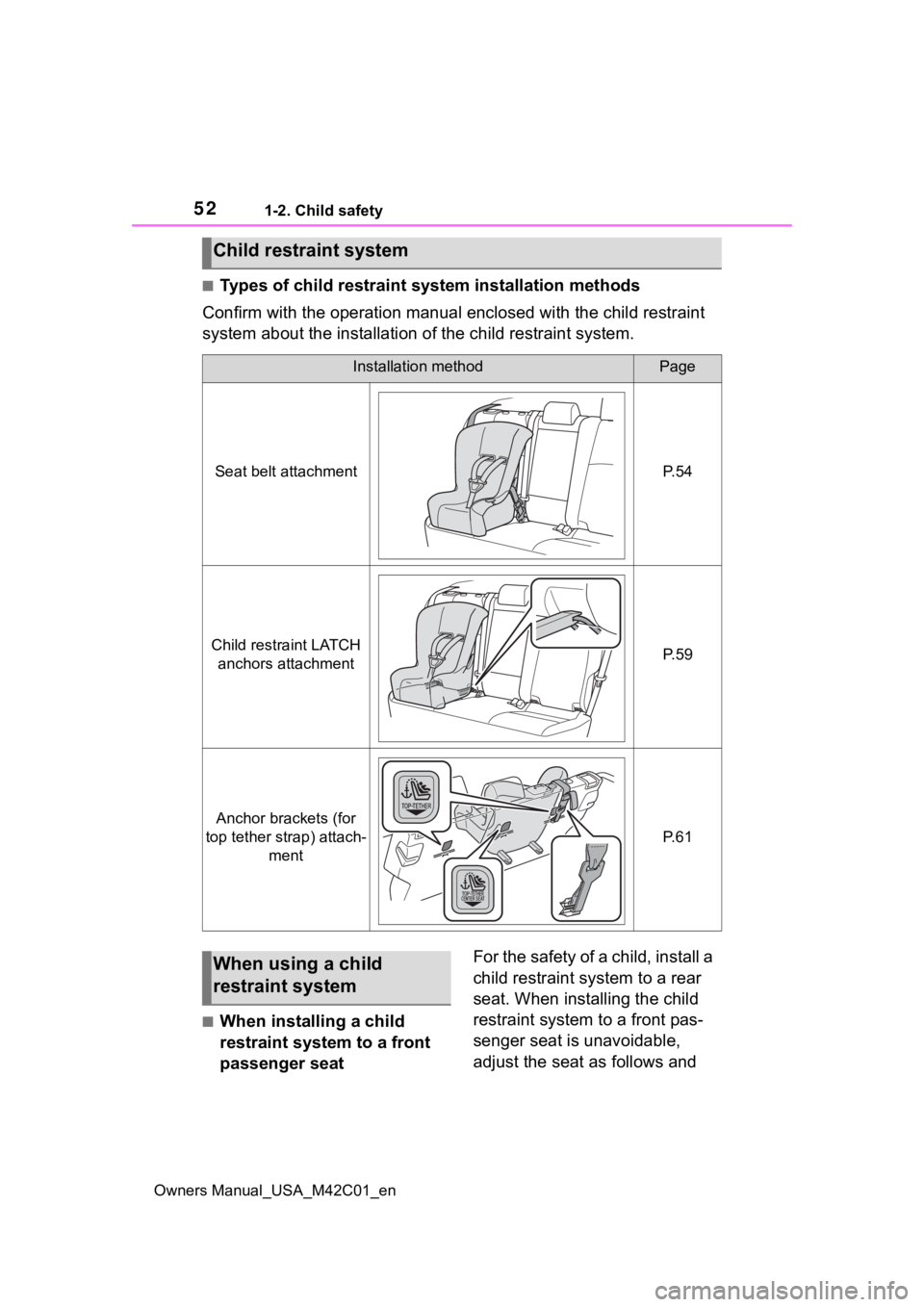 TOYOTA BZ4X 2023  Owners Manual 521-2. Child safety
Owners Manual_USA_M42C01_en
■Types of child restraint system installation methods
Confirm with the operation manual enclosed with the child restr aint 
system about the installat