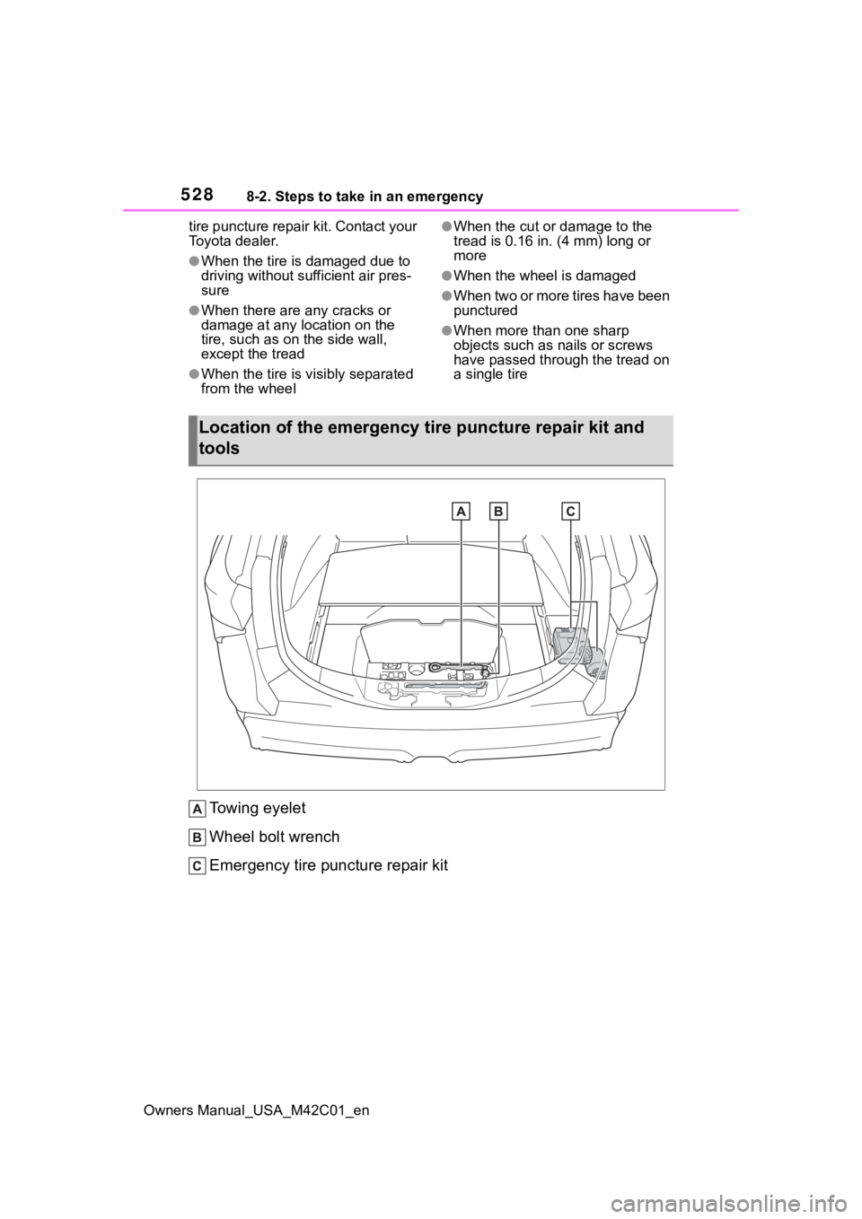 TOYOTA BZ4X 2023 Workshop Manual 5288-2. Steps to take in an emergency
Owners Manual_USA_M42C01_entire puncture repair kit. Contact your
Toyota dealer.
●When the tire is damaged due to
driving without sufficient air pres-
sure
TOYOTA BZ4X 2023 Workshop Manual 5288-2. Steps to take in an emergency
Owners Manual_USA_M42C01_entire puncture repair kit. Contact your
Toyota dealer.
●When the tire is damaged due to
driving without sufficient air pres-
sure