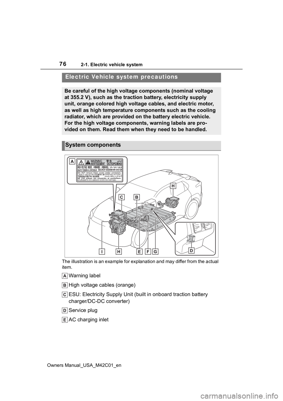 TOYOTA BZ4X 2023  Owners Manual 762-1. Electric vehicle system
Owners Manual_USA_M42C01_enThe illustration is an example fo
r explanation and may differ from the actual 
item.
Warning label
High voltage cables (orange)
ESU: Electric