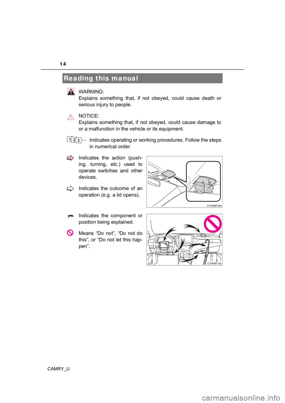 TOYOTA CAMRY 2022 User Guide 14
CAMRY_U
WARNING:
Explains something that, if not obeyed, could cause death or
serious injury to people.
NOTICE:
Explains something that, if not obeyed, could cause damage to
or a mal TOYOTA CAMRY 2022 User Guide 14
CAMRY_U
WARNING:
Explains something that, if not obeyed, could cause death or
serious injury to people.
NOTICE:
Explains something that, if not obeyed, could cause damage to
or a mal