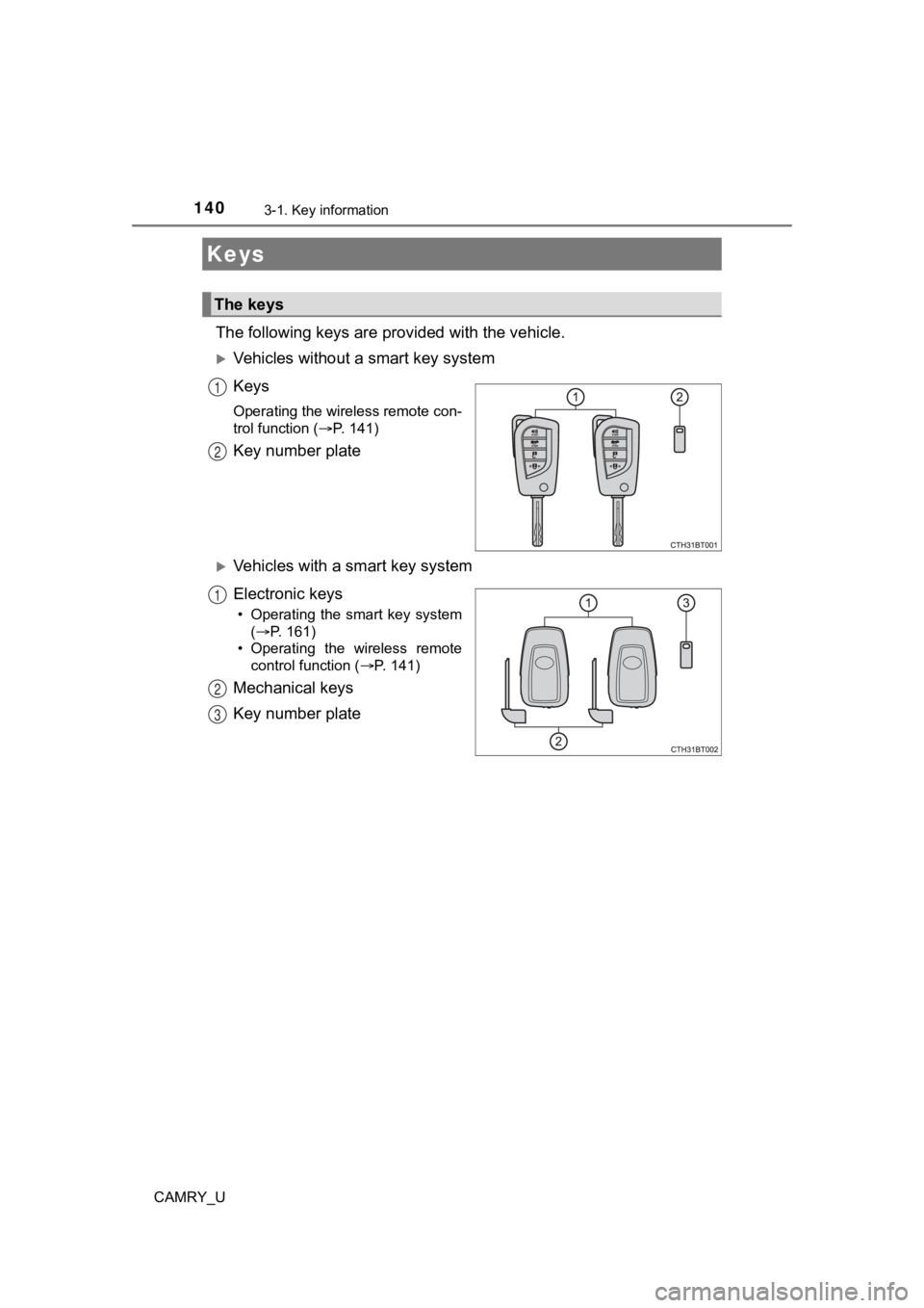 TOYOTA CAMRY 2022 Owners Manual 140
CAMRY_U
3-1. Key information
The following keys are provided with the vehicle.
Vehicles without a smart key system
Keys
Operating the wireless remote con-
trol function (P. 141)
Key number p TOYOTA CAMRY 2022 Owners Manual 140
CAMRY_U
3-1. Key information
The following keys are provided with the vehicle.
Vehicles without a smart key system
Keys
Operating the wireless remote con-
trol function (P. 141)
Key number p
