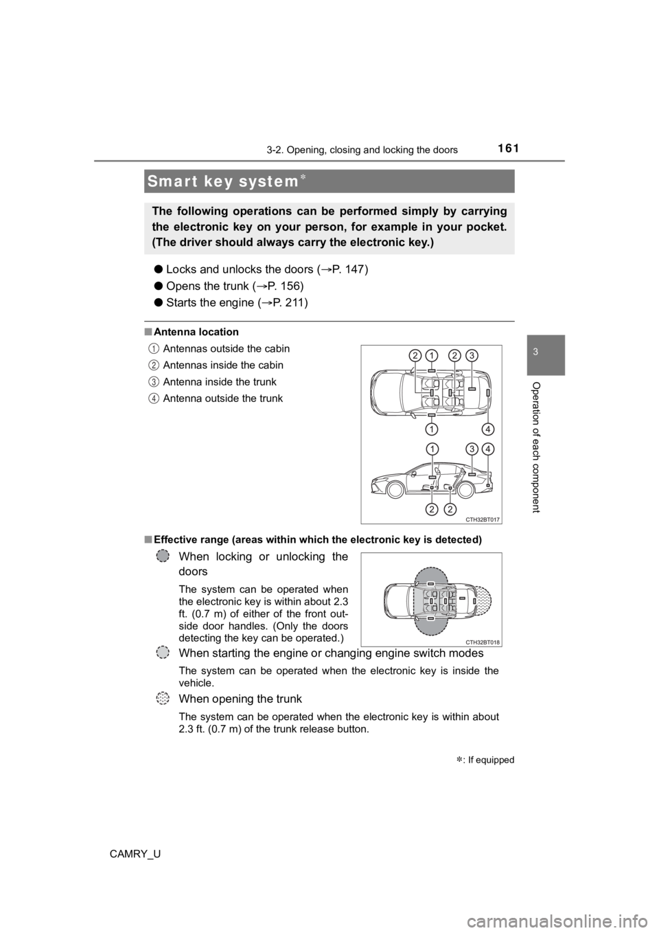 TOYOTA CAMRY 2022 Owners Guide 1613-2. Opening, closing and locking the doors
3
Operation of each component
CAMRY_U
●Locks and unloc ks the doors (P. 147)
● Opens the trunk ( P. 1 5 6 )
● Starts the engine ( P. 2 TOYOTA CAMRY 2022 Owners Guide 1613-2. Opening, closing and locking the doors
3
Operation of each component
CAMRY_U
●Locks and unloc ks the doors (P. 147)
● Opens the trunk ( P. 1 5 6 )
● Starts the engine ( P. 2