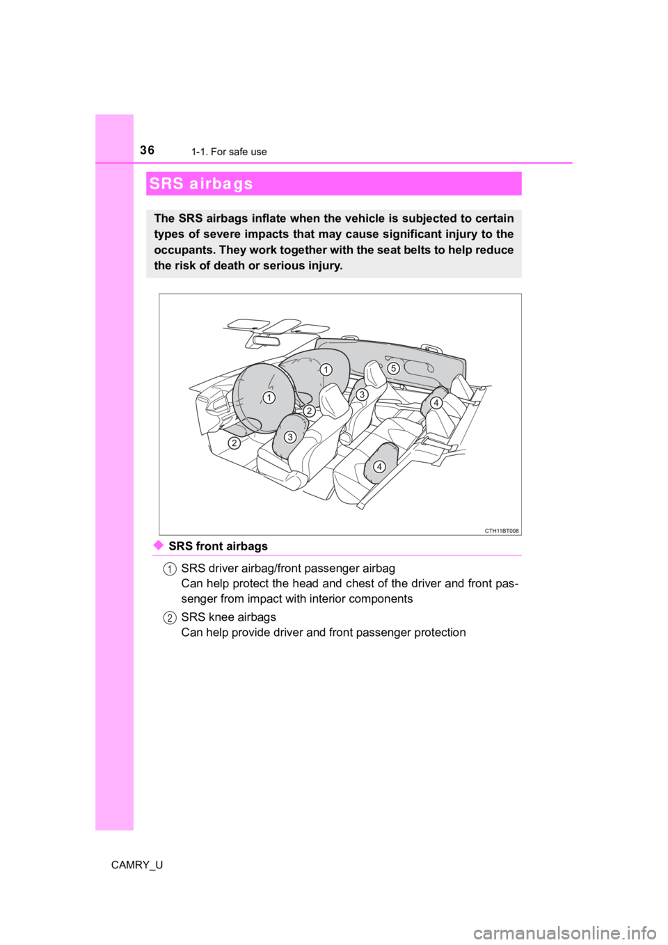 TOYOTA CAMRY 2022 Owners Guide 361-1. For safe use
CAMRY_U
◆SRS front airbagsSRS driver airbag/front passenger airbag
Can help protect the head and c hest of the driver and front pas-
senger from impact with interior components
S TOYOTA CAMRY 2022 Owners Guide 361-1. For safe use
CAMRY_U
◆SRS front airbagsSRS driver airbag/front passenger airbag
Can help protect the head and c hest of the driver and front pas-
senger from impact with interior components
S