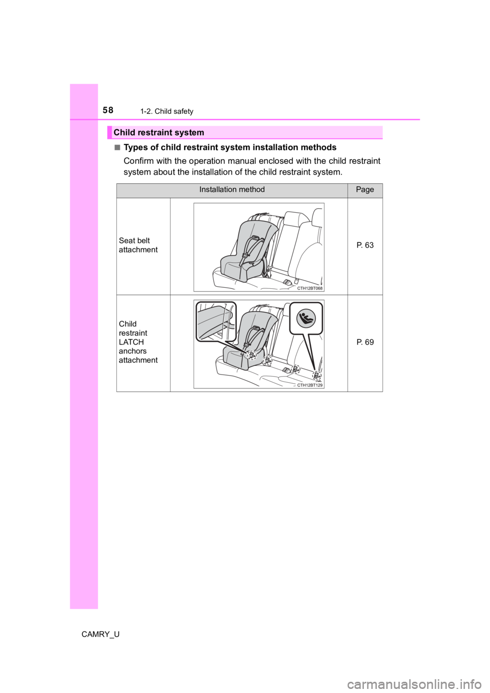 TOYOTA CAMRY 2022 Workshop Manual 581-2. Child safety
CAMRY_U■
Types of child restraint s
ystem installation methods
Confirm with the operation manual enclosed with the child restr aint
system about the installation of the child re TOYOTA CAMRY 2022 Workshop Manual 581-2. Child safety
CAMRY_U■
Types of child restraint s
ystem installation methods
Confirm with the operation manual enclosed with the child restr aint
system about the installation of the child re