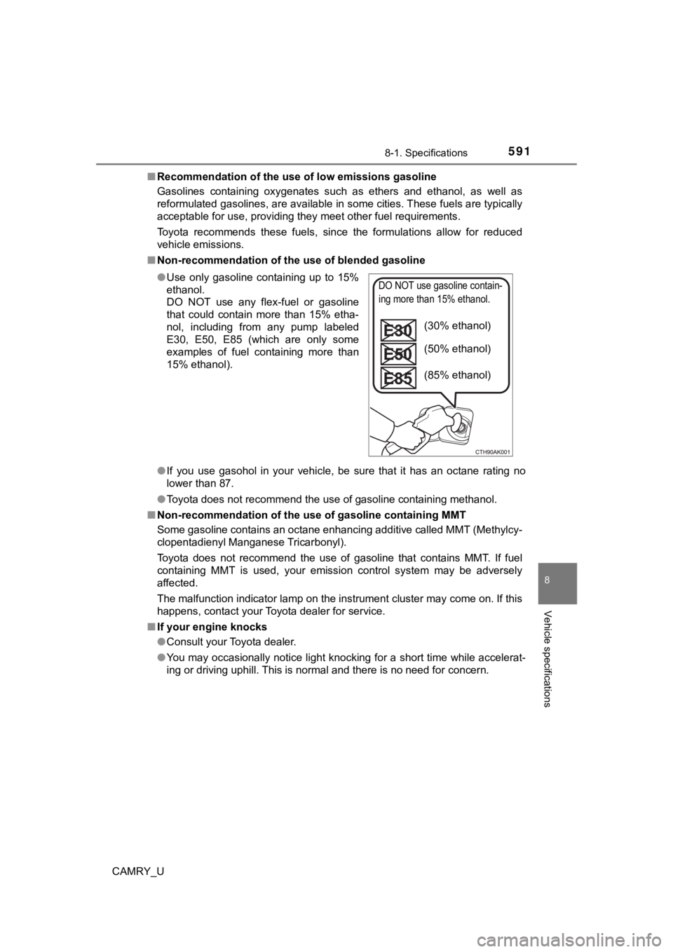 TOYOTA CAMRY 2022  Owners Manual 5918-1. Specifications
8
Vehicle specifications
CAMRY_U■
Recommendation of the use of low emissions gasoline
Gasolines  containing  oxygenates  such  as  ethers  and  ethanol,  as  well  as
reformul