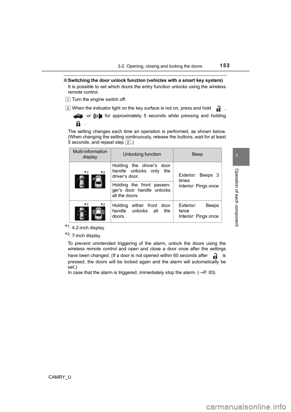 TOYOTA CAMRY 2023 Service Manual 1533-2. Opening, closing and locking the doors
3
Operation of each component
CAMRY_U
■Switching the door unlock func tion (vehicles with a smart key system)
It is possible to set which doors the ent TOYOTA CAMRY 2023 Service Manual 1533-2. Opening, closing and locking the doors
3
Operation of each component
CAMRY_U
■Switching the door unlock func tion (vehicles with a smart key system)
It is possible to set which doors the ent