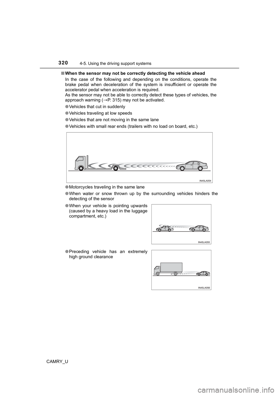 TOYOTA CAMRY 2023 Owners Manual 3204-5. Using the driving support systems
CAMRY_U■
When the sensor may not be correctly detect ing the vehicle ahead
In the case of the following and depending on the conditions, o perate TOYOTA CAMRY 2023 Owners Manual 3204-5. Using the driving support systems
CAMRY_U■
When the sensor may not be correctly detect ing the vehicle ahead
In the case of the following and depending on the conditions, o perate