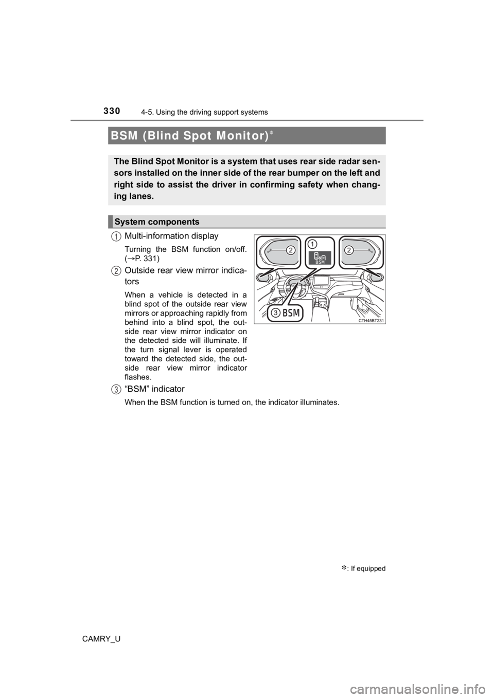 TOYOTA CAMRY 2023 Owners Manual 3304-5. Using the driving support systems
CAMRY_U
Multi-information display
Turning the BSM function on/off.
(P. 331)
Outside rear view mirror indica-
tors
When a vehicle is detected in a TOYOTA CAMRY 2023 Owners Manual 3304-5. Using the driving support systems
CAMRY_U
Multi-information display
Turning the BSM function on/off.
(P. 331)
Outside rear view mirror indica-
tors
When a vehicle is detected in a