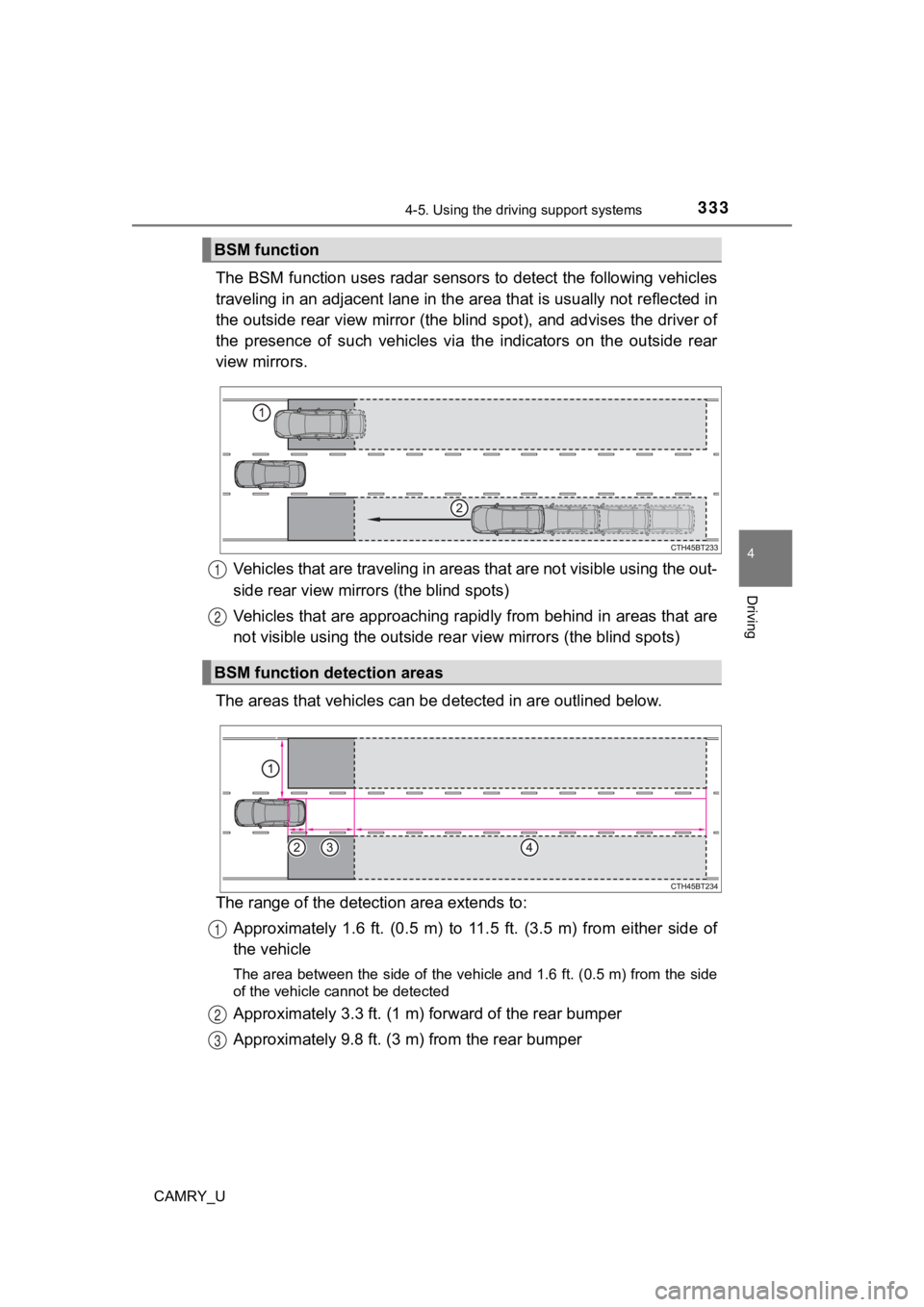 TOYOTA CAMRY 2023  Owners Manual 3334-5. Using the driving support systems
4
Driving
CAMRY_U
The BSM function uses radar sensors to detect the following vehicles
traveling in an adjacent lane in the area that is usually not r eflecte