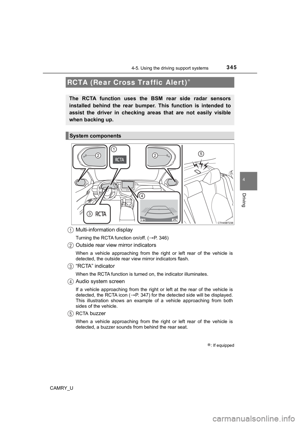 TOYOTA CAMRY 2023 Owners Manual 3454-5. Using the driving support systems
4
Driving
CAMRY_U
Multi-information display
Turning the RCTA function on/off. (P. 346)
Outside rear view mirror indicators
When a vehicle approaching f TOYOTA CAMRY 2023 Owners Manual 3454-5. Using the driving support systems
4
Driving
CAMRY_U
Multi-information display
Turning the RCTA function on/off. (P. 346)
Outside rear view mirror indicators
When a vehicle approaching f