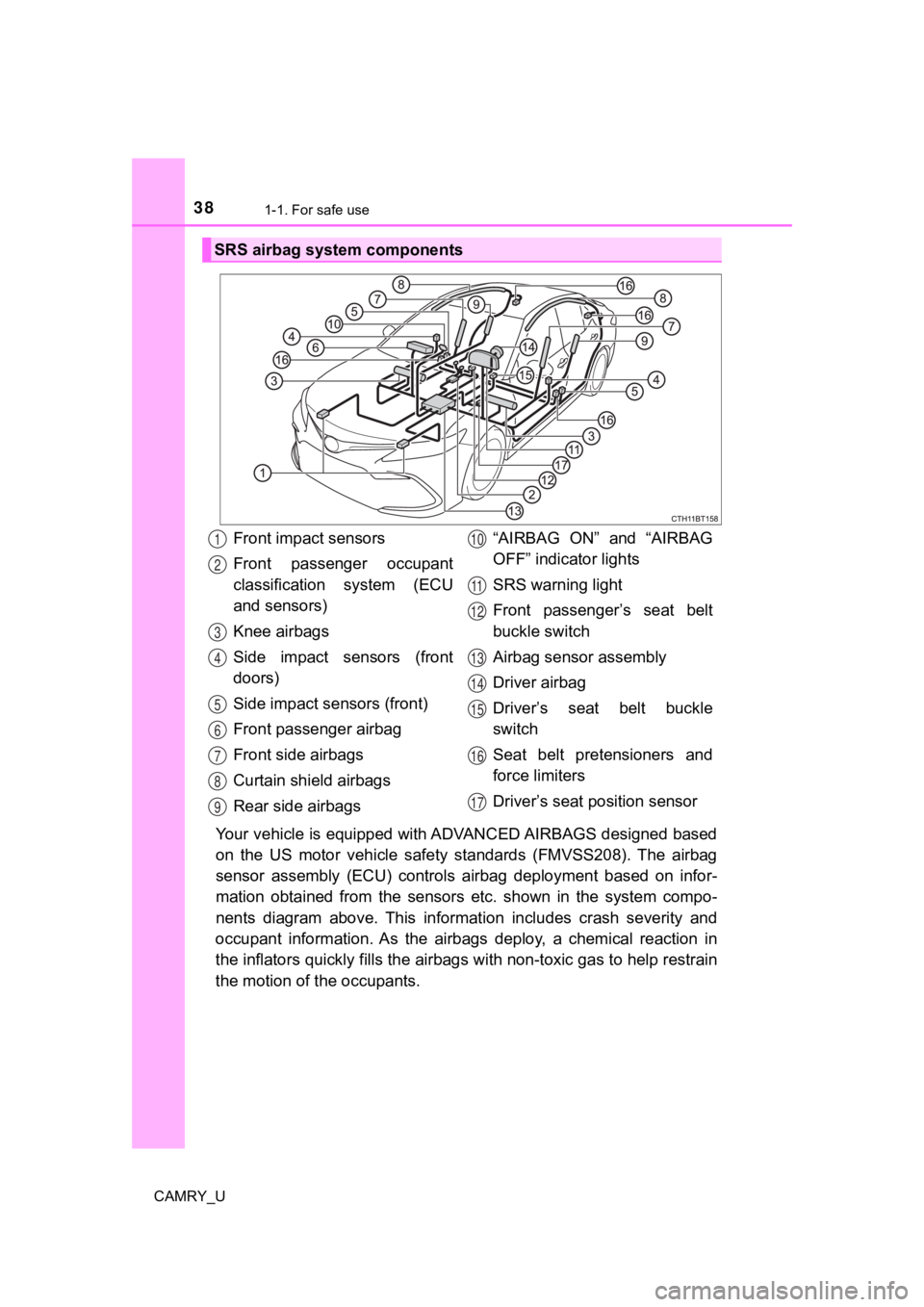 TOYOTA CAMRY 2023  Owners Manual 381-1. For safe use
CAMRY_U
Your vehicle is equipped with ADVANCED AIRBAGS designed based
on  the  US  motor  vehicle  safety  standards  (FMVSS208).  The  airbag
sensor  assembly  (ECU)  controls  ai