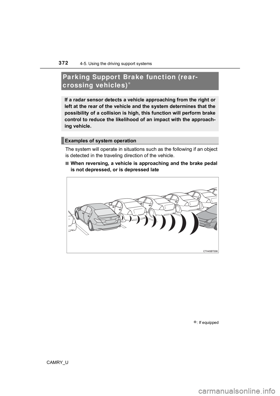 TOYOTA CAMRY 2023 Owners Manual 3724-5. Using the driving support systems
CAMRY_U
The system will operate in situat ions such as the following if an object
is detected in the traveling direction of the vehicle.
■When reversing, a TOYOTA CAMRY 2023 Owners Manual 3724-5. Using the driving support systems
CAMRY_U
The system will operate in situat ions such as the following if an object
is detected in the traveling direction of the vehicle.
■When reversing, a
