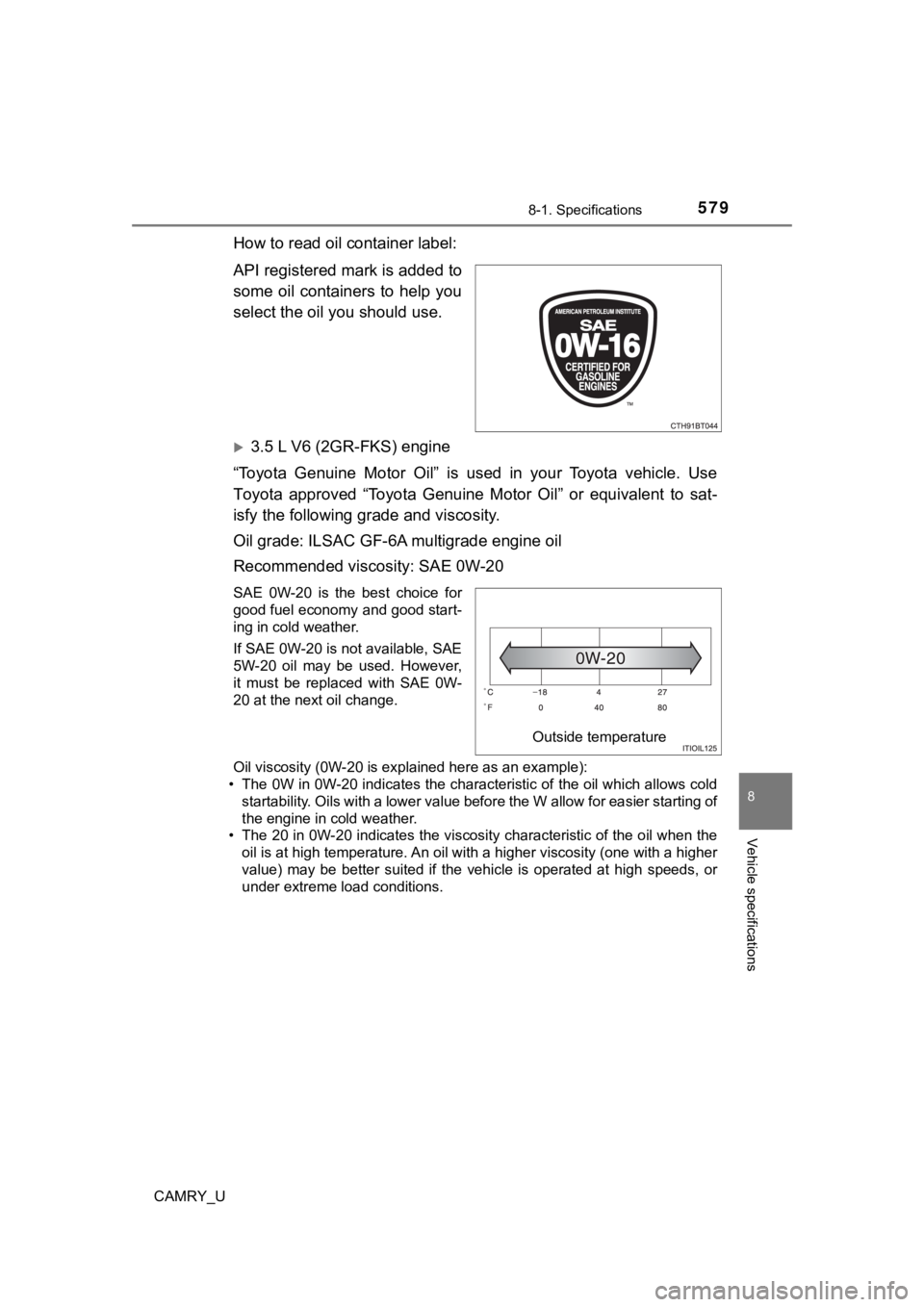 TOYOTA CAMRY 2023 Owners Manual 5798-1. Specifications
8
Vehicle specifications
CAMRY_U
How to read oil container label:
API registered mark is added to
some oil containers to help you
select the oil you should use.
3.5 L V6 TOYOTA CAMRY 2023 Owners Manual 5798-1. Specifications
8
Vehicle specifications
CAMRY_U
How to read oil container label:
API registered mark is added to
some oil containers to help you
select the oil you should use.
3.5 L V6