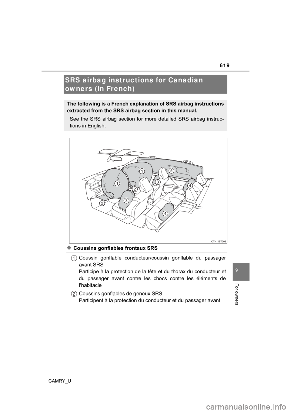 TOYOTA CAMRY 2023  Owners Manual 619
9
For owners
CAMRY_U
◆Coussins gonflables frontaux SRSCoussin  gonflable  conducteur/c oussin  gonflable  du  passager
avant SRS
Participe à la protection de la tête et du thorax du conducteur