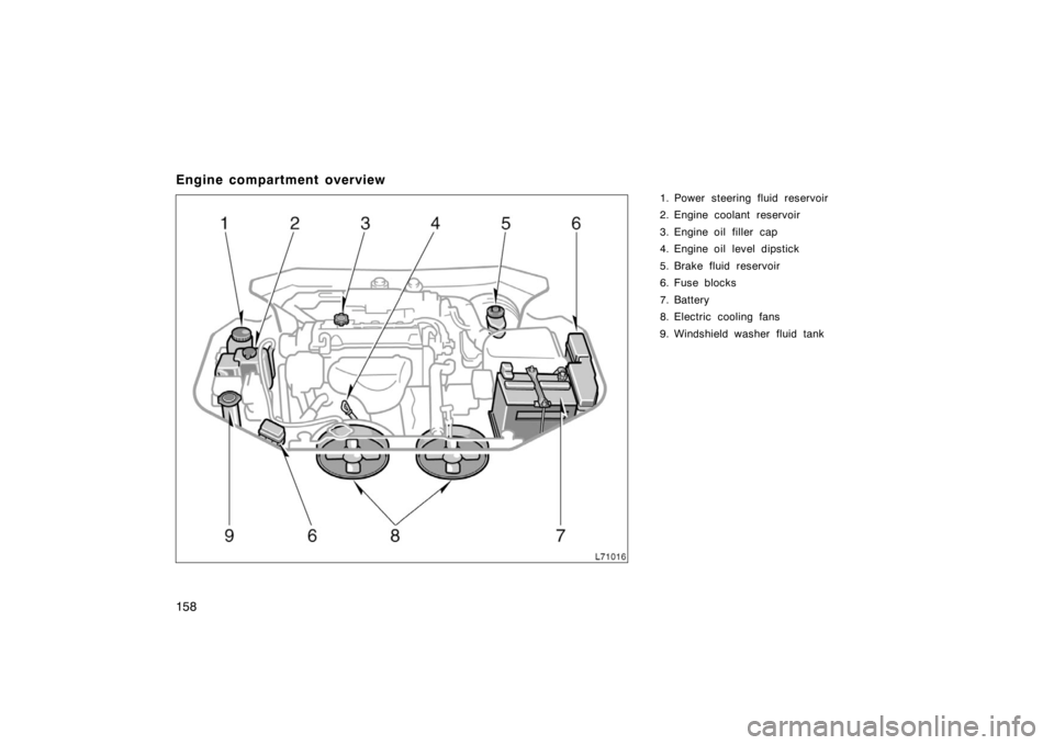 TOYOTA CAMRY CNG 1999  Owners Manual 158
Engine compartment overview
1. Power steering fluid reservoir
2. Engine coolant reservoir
3. Engine oil filler  cap
4. Engine oil level dipstick
5. Brake fluid reservoir
6. Fuse blocks
7. Battery
