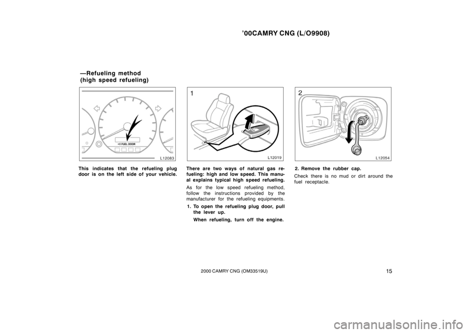 TOYOTA CAMRY CNG 2000 User Guide ’00CAMRY CNG (L/O9908)
152000 CAMRY CNG (OM33519U)
This indicates that the refueling plug
door is on the left side of your vehicle.There are two ways of natural gas re-
fueling: high and low speed. 