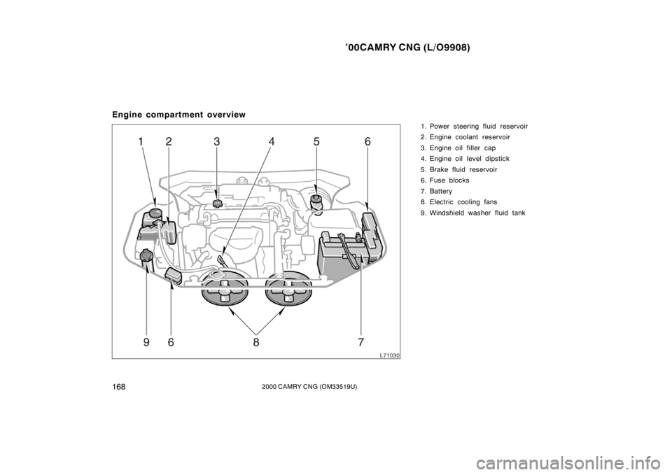 TOYOTA CAMRY CNG 2000 Owners Manual ’00CAMRY CNG (L/O9908)
1682000 CAMRY CNG (OM33519U)
Engine compartment overview
1. Power steering fluid reservoir
2. Engine coolant reservoir
3. Engine oil filler cap
4. Engine oil level dipstick
5 TOYOTA CAMRY CNG 2000 Owners Manual ’00CAMRY CNG (L/O9908)
1682000 CAMRY CNG (OM33519U)
Engine compartment overview
1. Power steering fluid reservoir
2. Engine coolant reservoir
3. Engine oil filler cap
4. Engine oil level dipstick
5