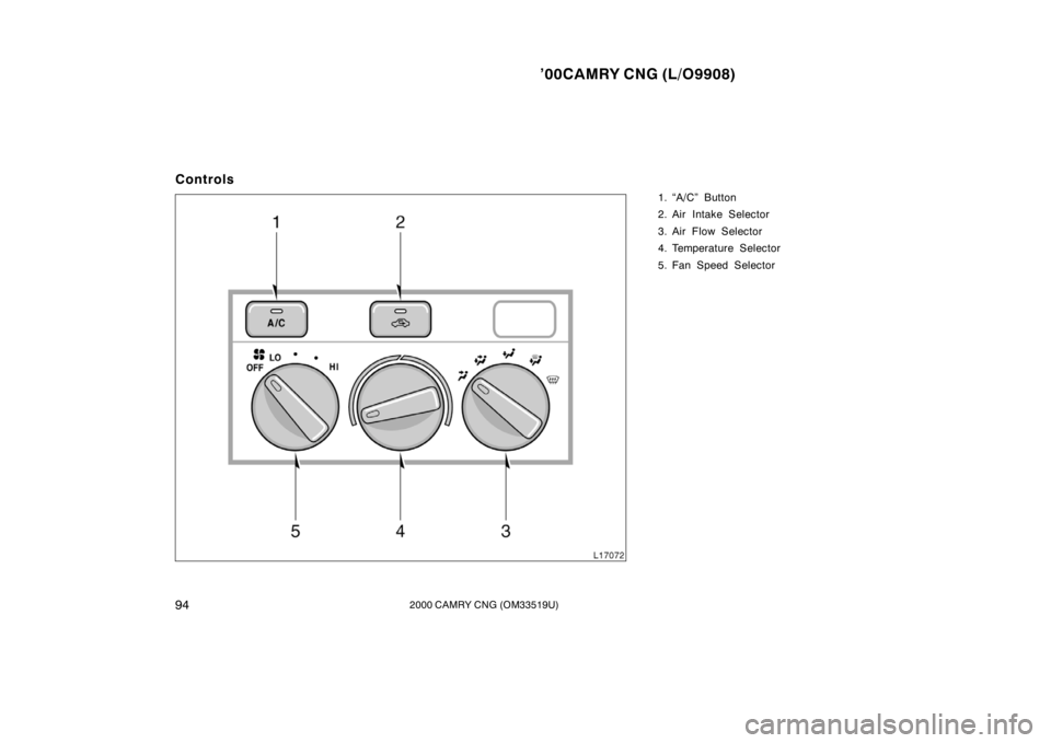 TOYOTA CAMRY CNG 2000  Owners Manual ’00CAMRY CNG (L/O9908)
942000 CAMRY CNG (OM33519U)
Controls
1. “A/C” Button
2. Air Intake Selector
3. Air Flow Selector
4. Temperature Selector
5. Fan Speed Selector 
