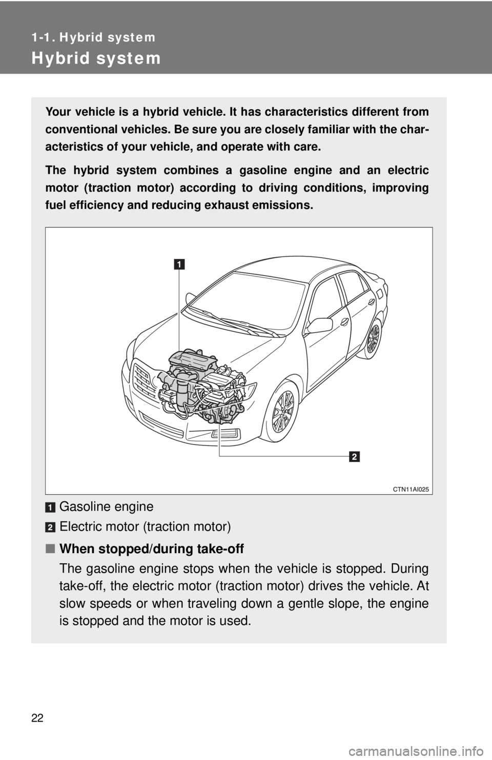 TOYOTA CAMRY HV 2009 Owners Manual 22
1-1. Hybrid system
Hybrid system
Your vehicle is a hybrid vehicle. It has characteristics different from
conventional vehicles. Be sure you are closely familiar with the char-
acteristics of your v TOYOTA CAMRY HV 2009 Owners Manual 22
1-1. Hybrid system
Hybrid system
Your vehicle is a hybrid vehicle. It has characteristics different from
conventional vehicles. Be sure you are closely familiar with the char-
acteristics of your v