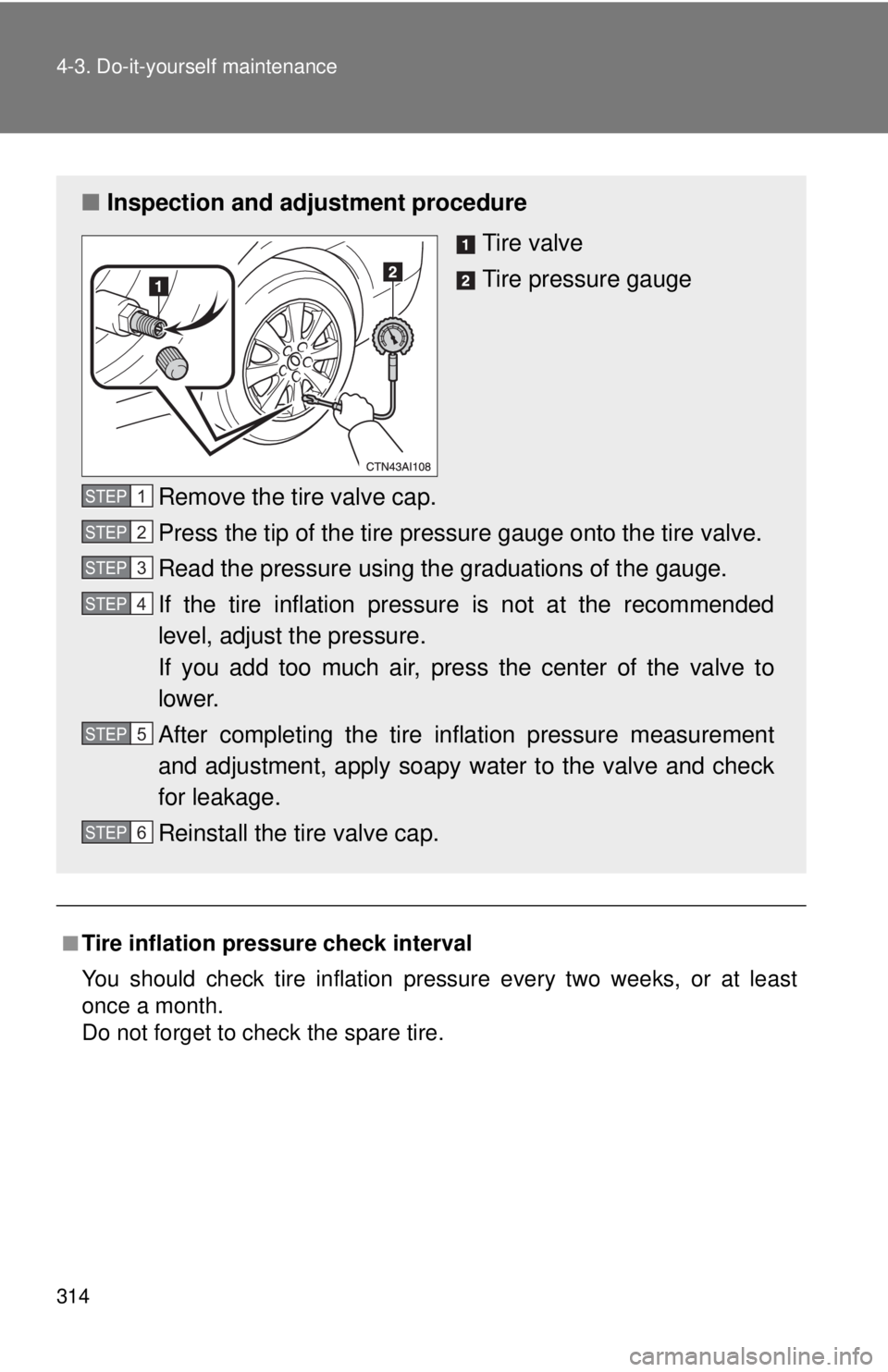 TOYOTA CAMRY HV 2009  Owners Manual 314 4-3. Do-it-yourself maintenance
■Tire inflation pressure check interval
You should check tire inflation pressure every two weeks, or at least
once a month.
Do not forget to check the spare tire. TOYOTA CAMRY HV 2009  Owners Manual 314 4-3. Do-it-yourself maintenance
■Tire inflation pressure check interval
You should check tire inflation pressure every two weeks, or at least
once a month.
Do not forget to check the spare tire.