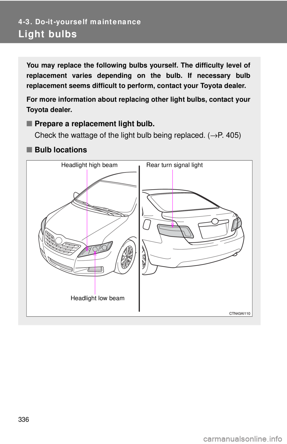 TOYOTA CAMRY HV 2009  Owners Manual 336
4-3. Do-it-yourself maintenance
Light bulbs
You may replace the following bulbs yourself. The difficulty level of
replacement varies depending on the bulb. If necessary bulb
replacement seems diff