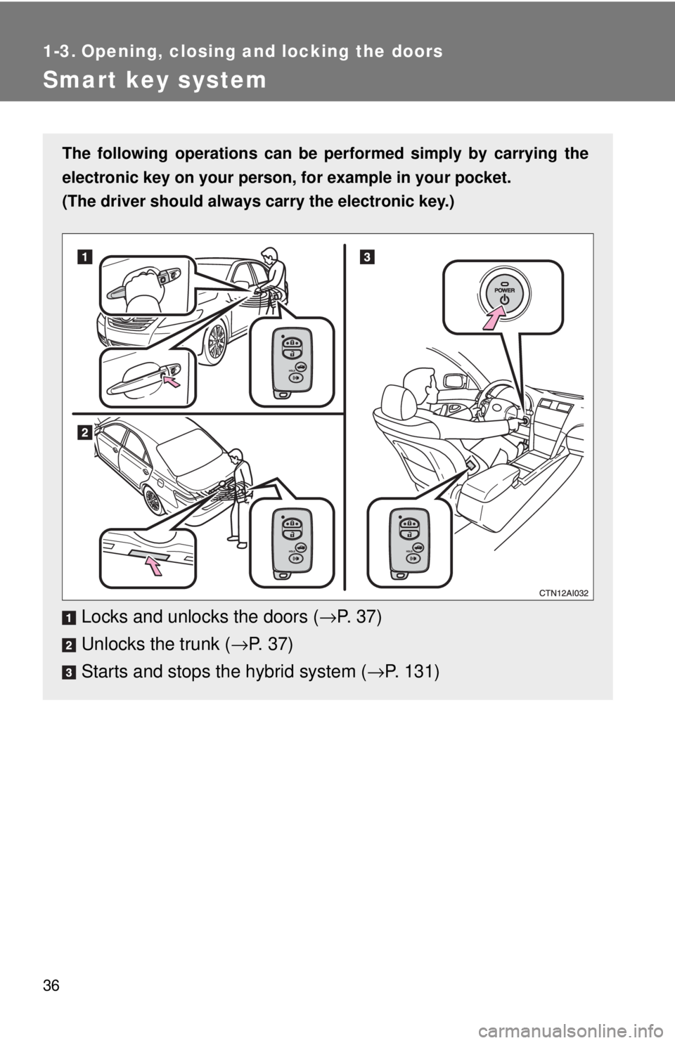 TOYOTA CAMRY HV 2009 Owners Guide 36
1-3. Opening, closing and locking the doors
Smart key system
The following operations can be performed simply by carrying the
electronic key on your person, for example in your pocket.
(The driver 