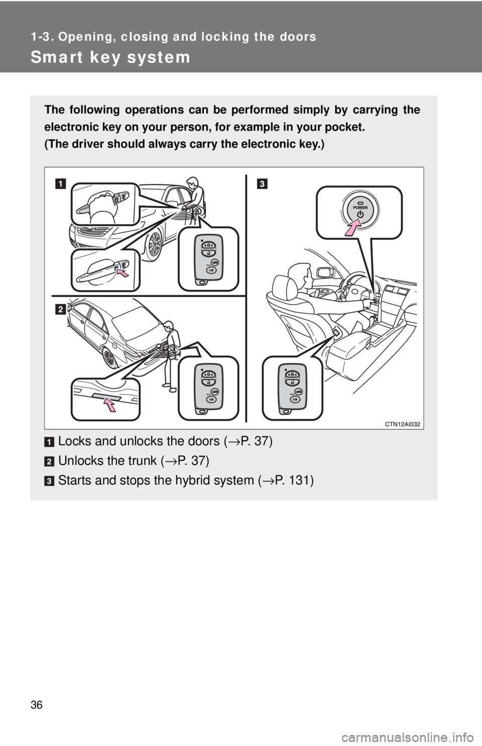 TOYOTA CAMRY HV 2009 Owners Guide 36
1-3. Opening, closing and locking the doors
Smart key system
The following operations can be performed simply by carrying the
electronic key on your person, for example in your pocket.
(The driver TOYOTA CAMRY HV 2009 Owners Guide 36
1-3. Opening, closing and locking the doors
Smart key system
The following operations can be performed simply by carrying the
electronic key on your person, for example in your pocket.
(The driver