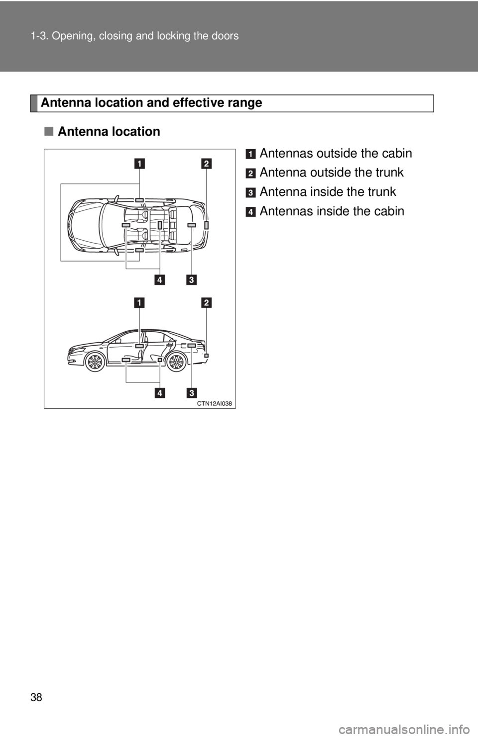 TOYOTA CAMRY HV 2009 Owners Guide 38 1-3. Opening, closing and locking the doors
Antenna location and effective range
■ Antenna location
Antennas outside the cabin
Antenna outside the trunk
Antenna inside the trunk
Antennas inside t